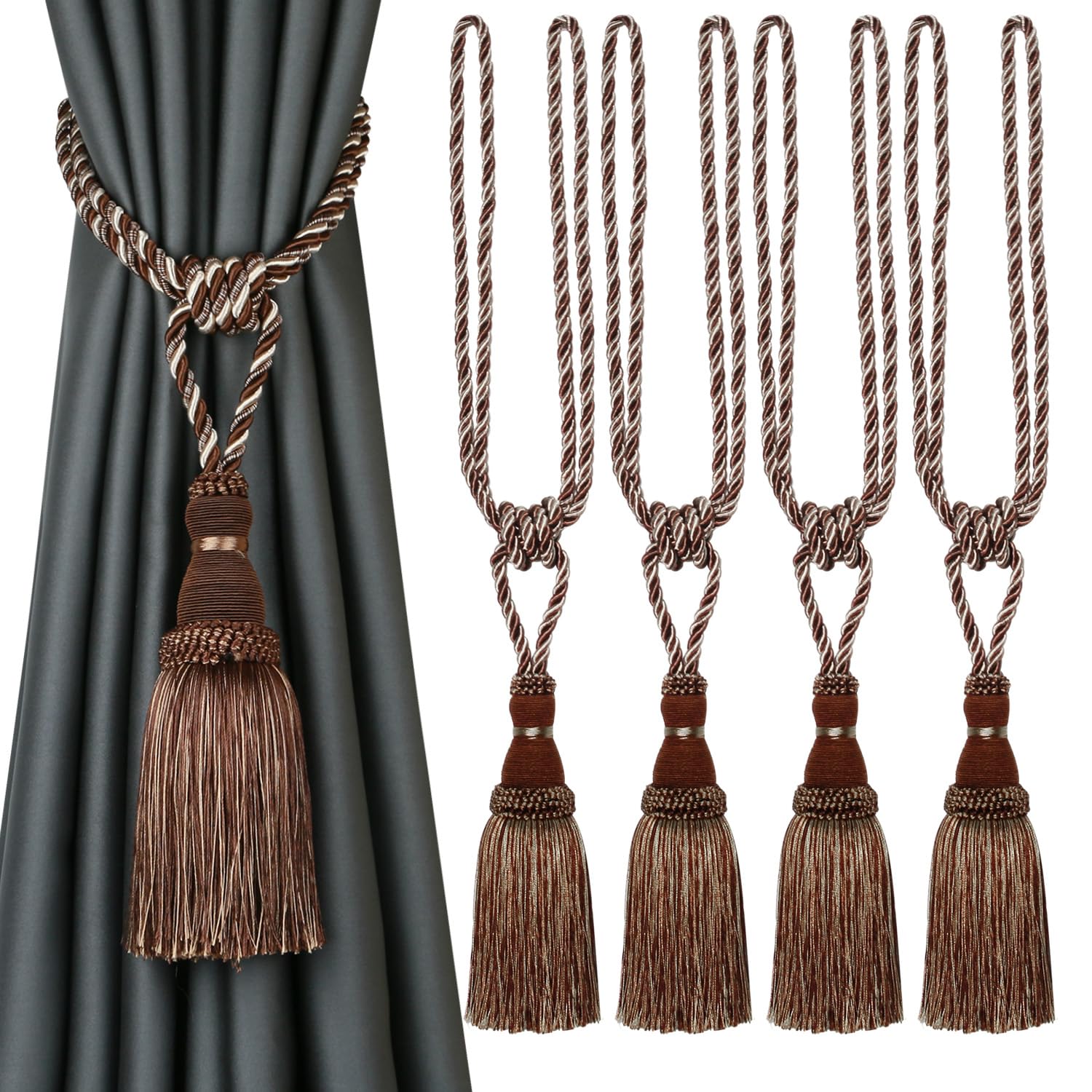 Tassel Curtain Tiebacks， Braided Rope Curtain Tiebacks With Tassels, Multicolor, 2/4 Pcs(Dark Coffee,4pcs)