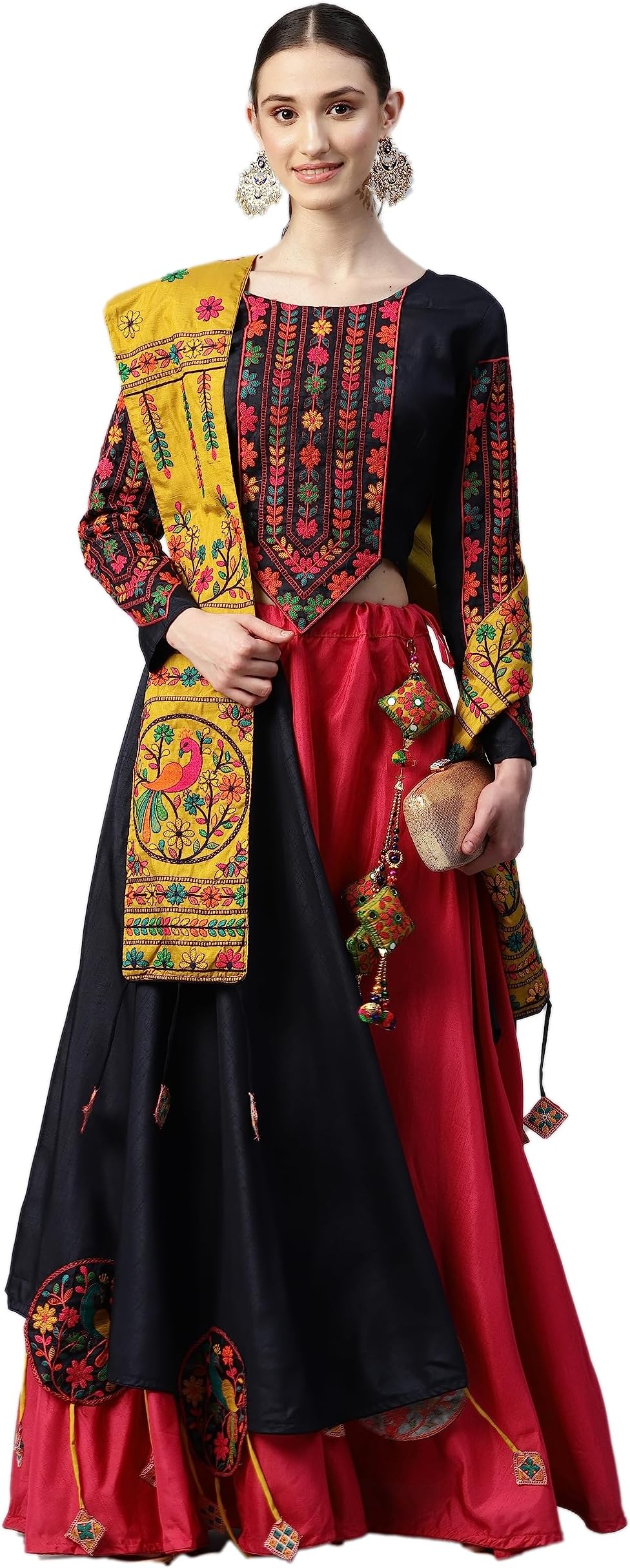 MizzificWomen's Silk Embroidered Unstitched Lehenga Choli with Dupatta (2114M-Pink-Navratri-Garba-Tradational-Lehenga; Free Size)