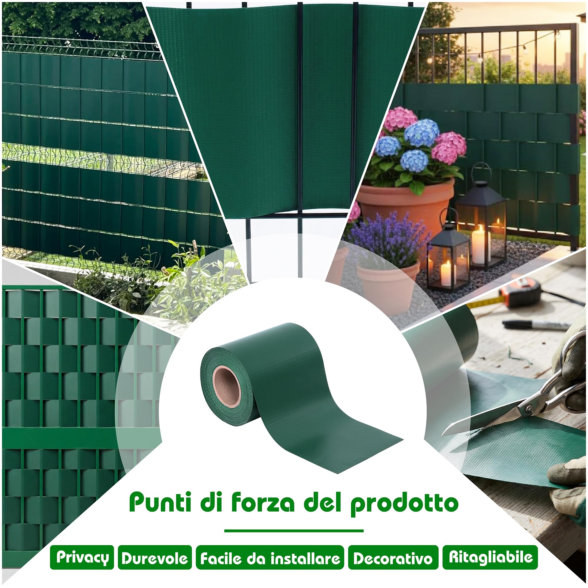 Strisce Frangivisto per Recinzione in PVC, Rotolo Verde 19x350cm, 450g/m². Resistente agli Agenti Atmosferici, con 20 Clip di Fissaggio.
