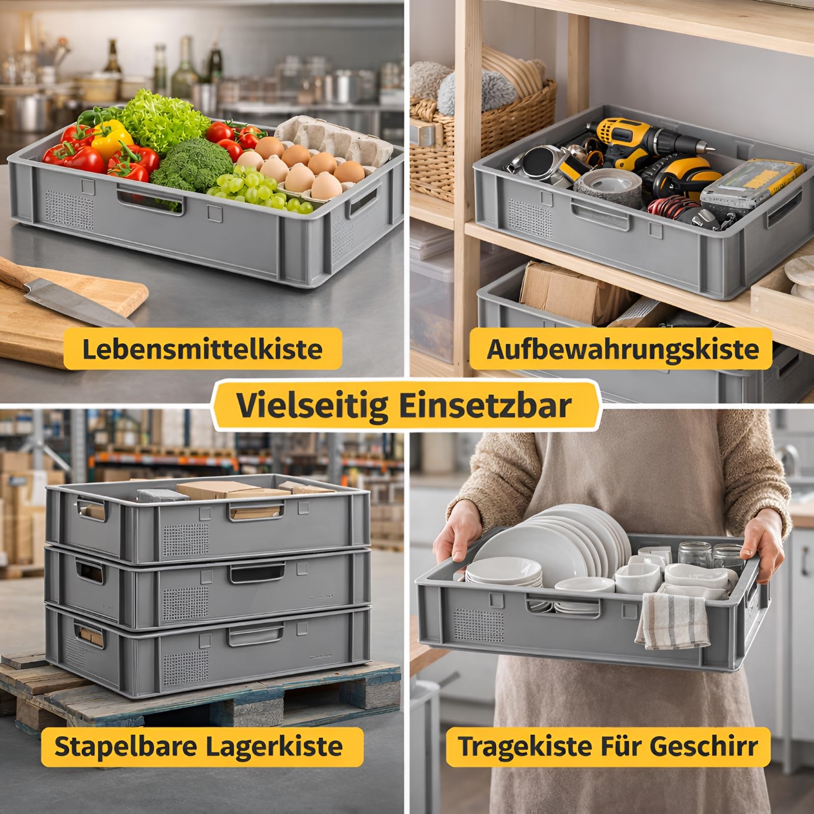 Fleischkiste E1 60x40x12,5 cm Eurobox 5er Set Grau lebensmittelecht robust | BURI, stapelbar, Kunststoff, Made in Germany, Lagerbox, Transportbehälter, belastbar, Normmaß, flach, langlebig
