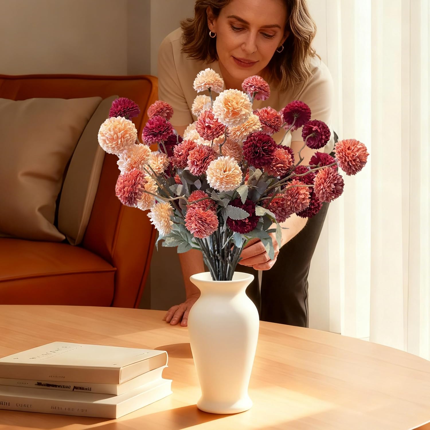 12pcs Fake Silk Pompon Mum Artificial Flowers, Fake Fall Flowers for Vase, 21" Faux Kiku Flowers Mini Chrysanthemums, Autumn Floral Stems Assorted Silk Mums Balls for Wedding Centerpieces Home Decor - Image 5