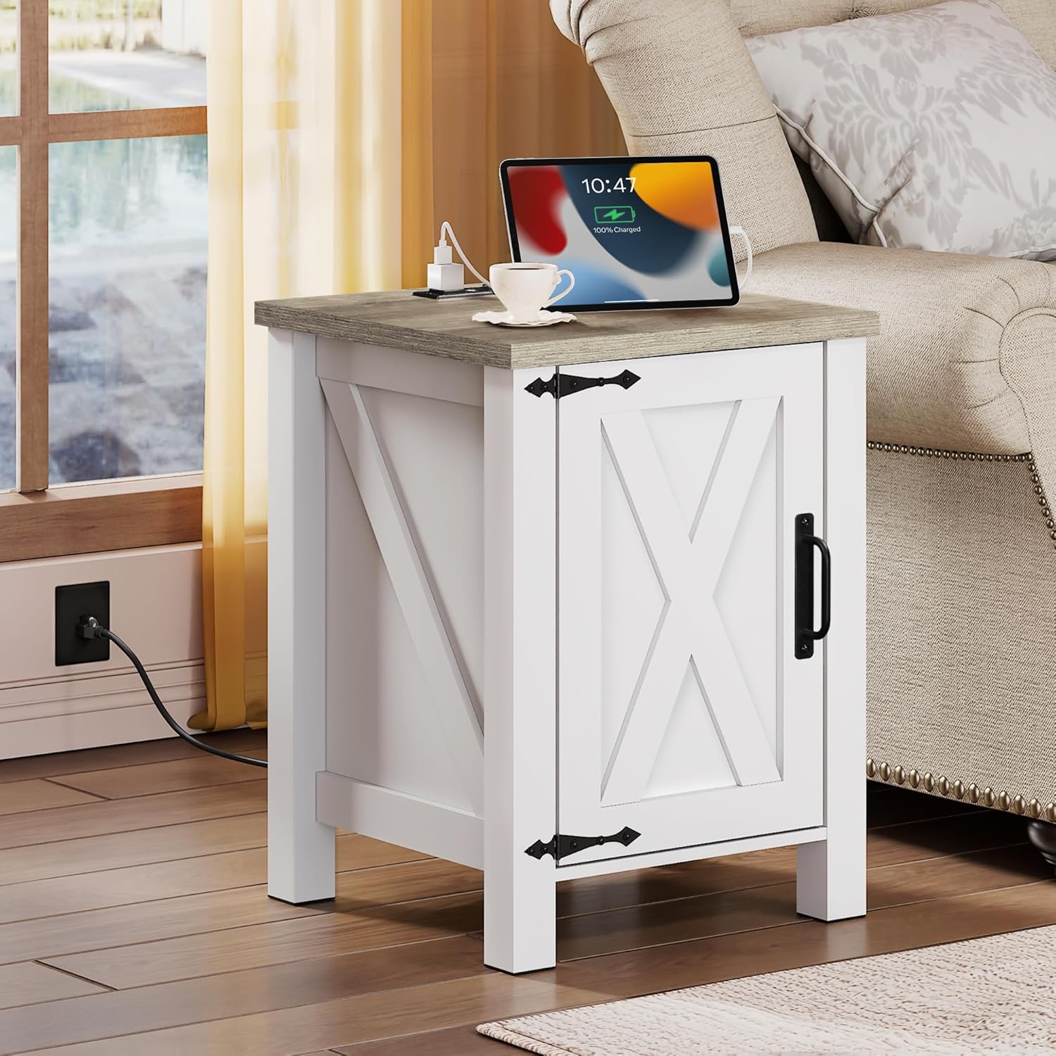 WLIVE White Farmhouse Nightstand with Charging Station, End Table with Barn Door and Adjustable Storage Shelf, Rustic Wood Night Stand, 18" Modern Bedside Table for Bedroom, White
