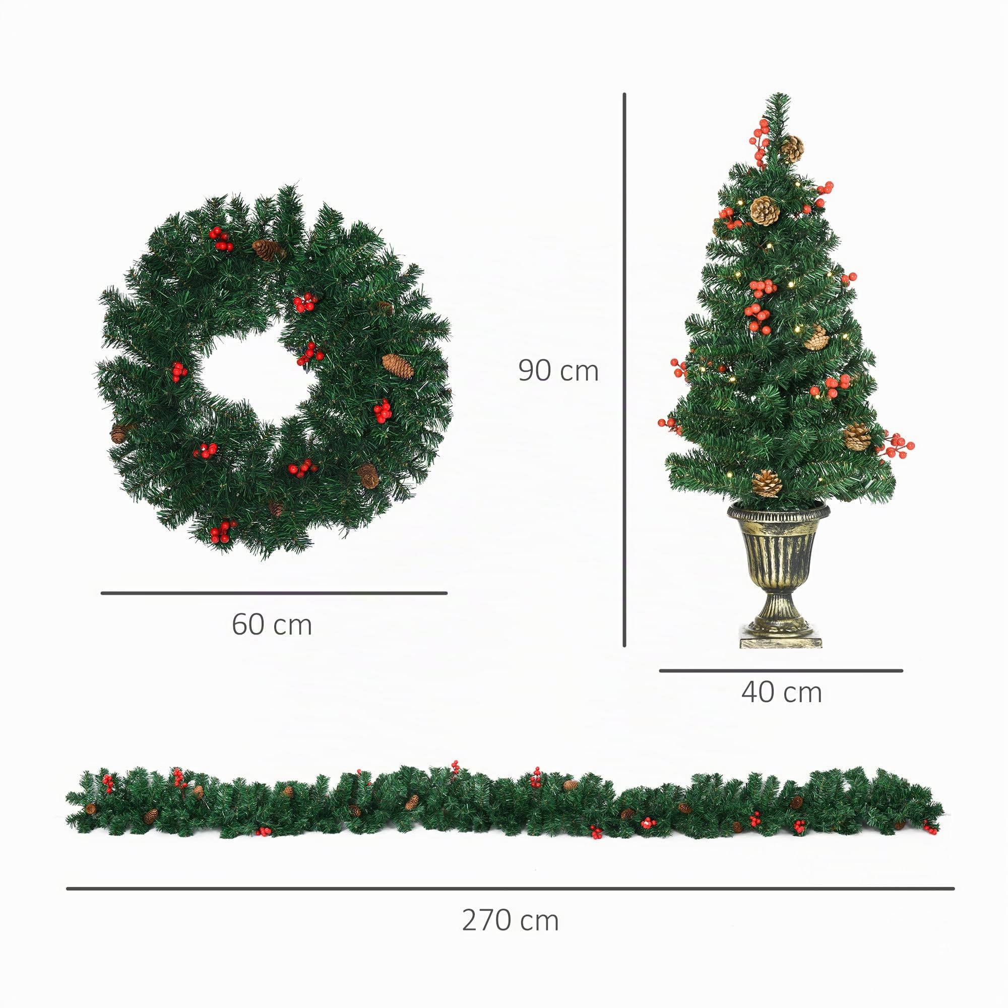 HOMCOM Lot de 4 Pièces Décoration de Noël Lumineuse, 1 Couronne, Vert