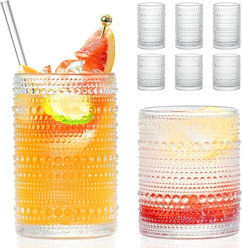 Hobnail - Juego de 8 vasos para beber con pajitas, 15 onzas y 12 onzas, juego de 8 vasos en relieve, vasos de vidrio texturizado para cocina,