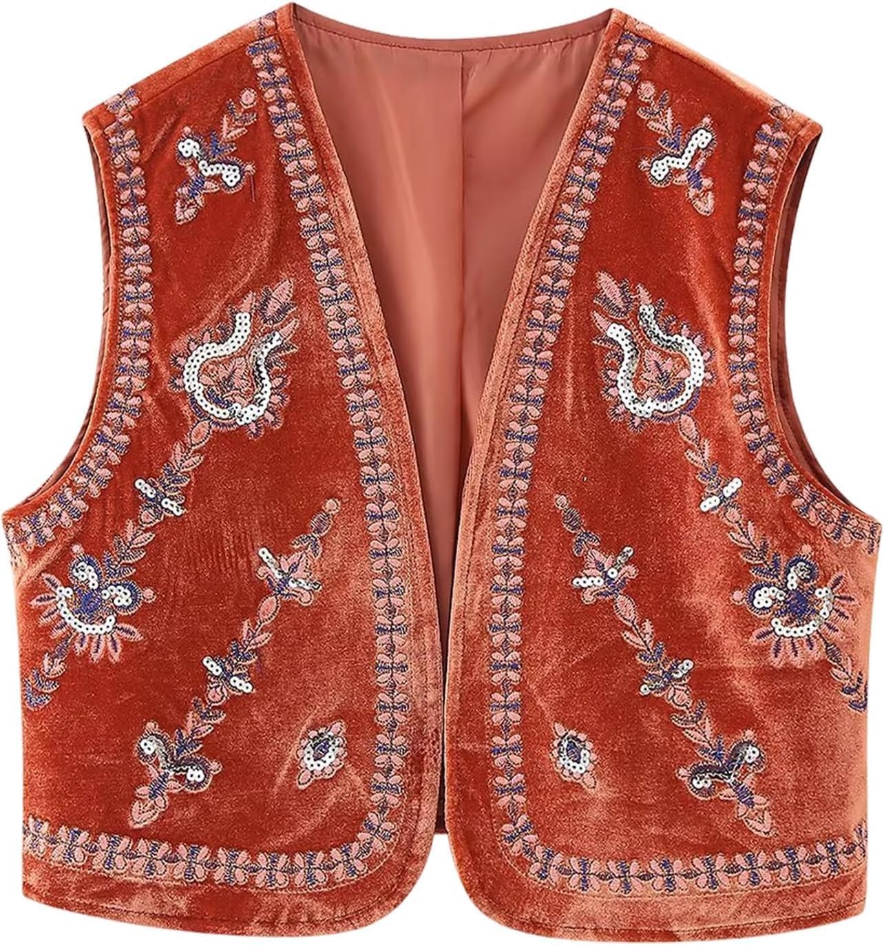 Gilet brodé vintage velours floral boho rouge taille XS