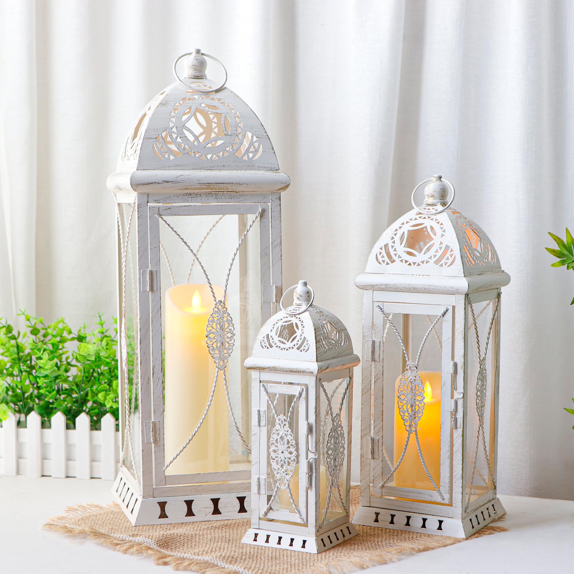 TRIROCKS Large Set of 3 Decorative Candle Lanterns 56/41/28cm High Vintage Metal Candle Holders Hanging Lantern for Garden Yard Patio Wedding Parties Events Indoors Outdoors(Beige with Gold Brush)