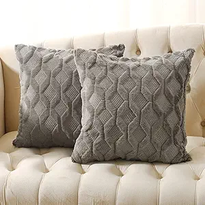 Volcanics Pack of 2 Faux Wool Throw Pillow Covers 18x18 Inches Decorative Farmhouse Velvet Couch Pillow Case Soft Plush Square Boho Cushion Pillowcase, Dark Grey