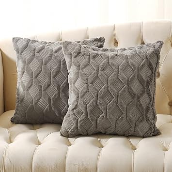 Volcanics Pack of 2 Faux Wool Throw Pillow Covers 18x18 Inches Decorative Farmhouse Velvet Couch Pillow Case Soft Plush Square Boho Cushion Pillowcase, Dark Grey