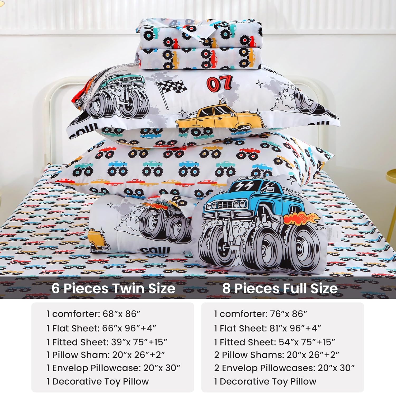 Mooreeke Twin Size Comforter Sets for Boys Kids, 6 Pieces Bed in a Bag Monster Truck Bedding Comforter Sheet Set with Shams and Decorative Toy Pillow, Ultral Soft Microfiber Kids Bed Set