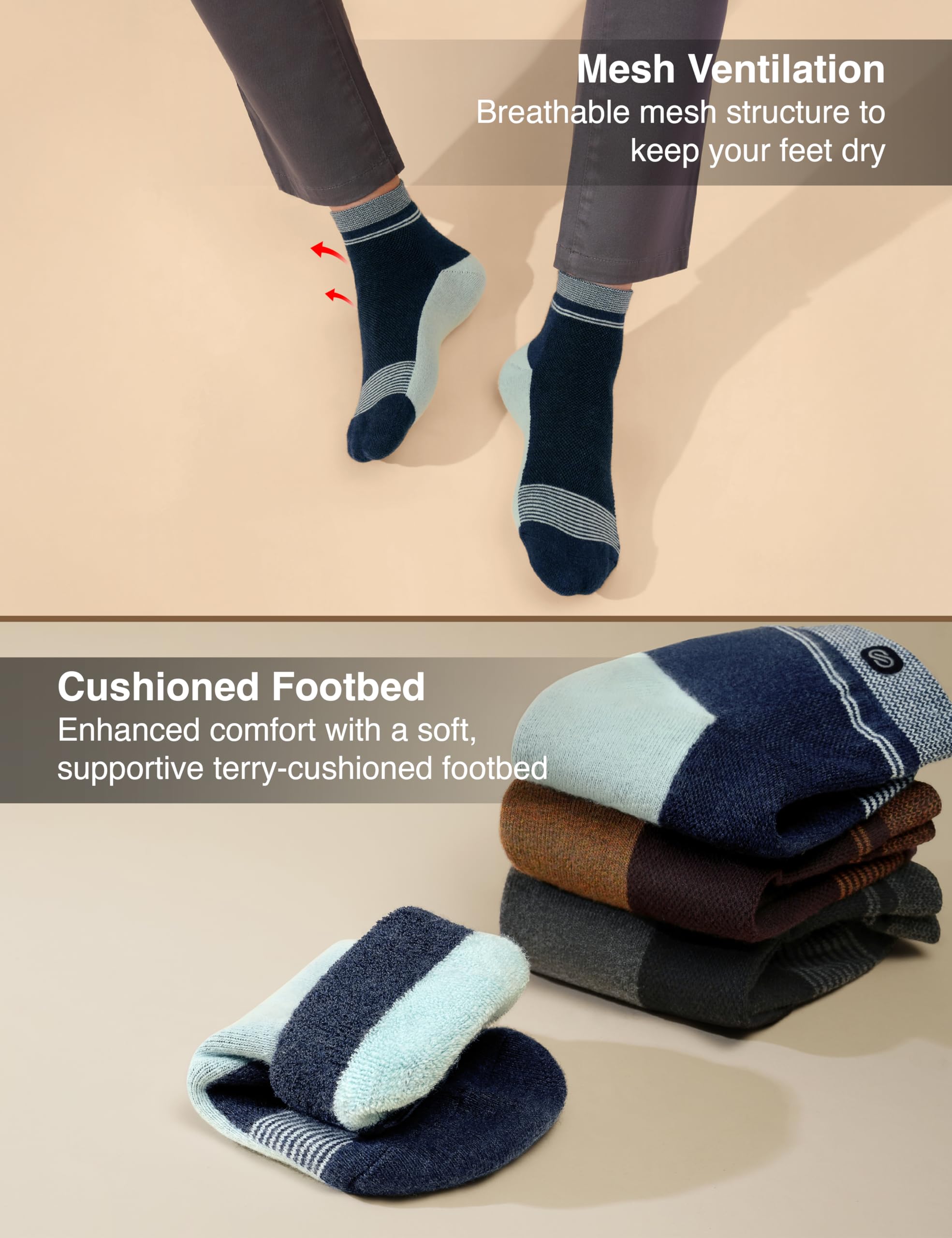 Symbol Premium Men's Cotton Blend Sports Socks | High Ankle Length | Odour-Free & Anti-bacterial | Cushioned Base | Combo Pack of 3 (Navy, Black, Brown) 3