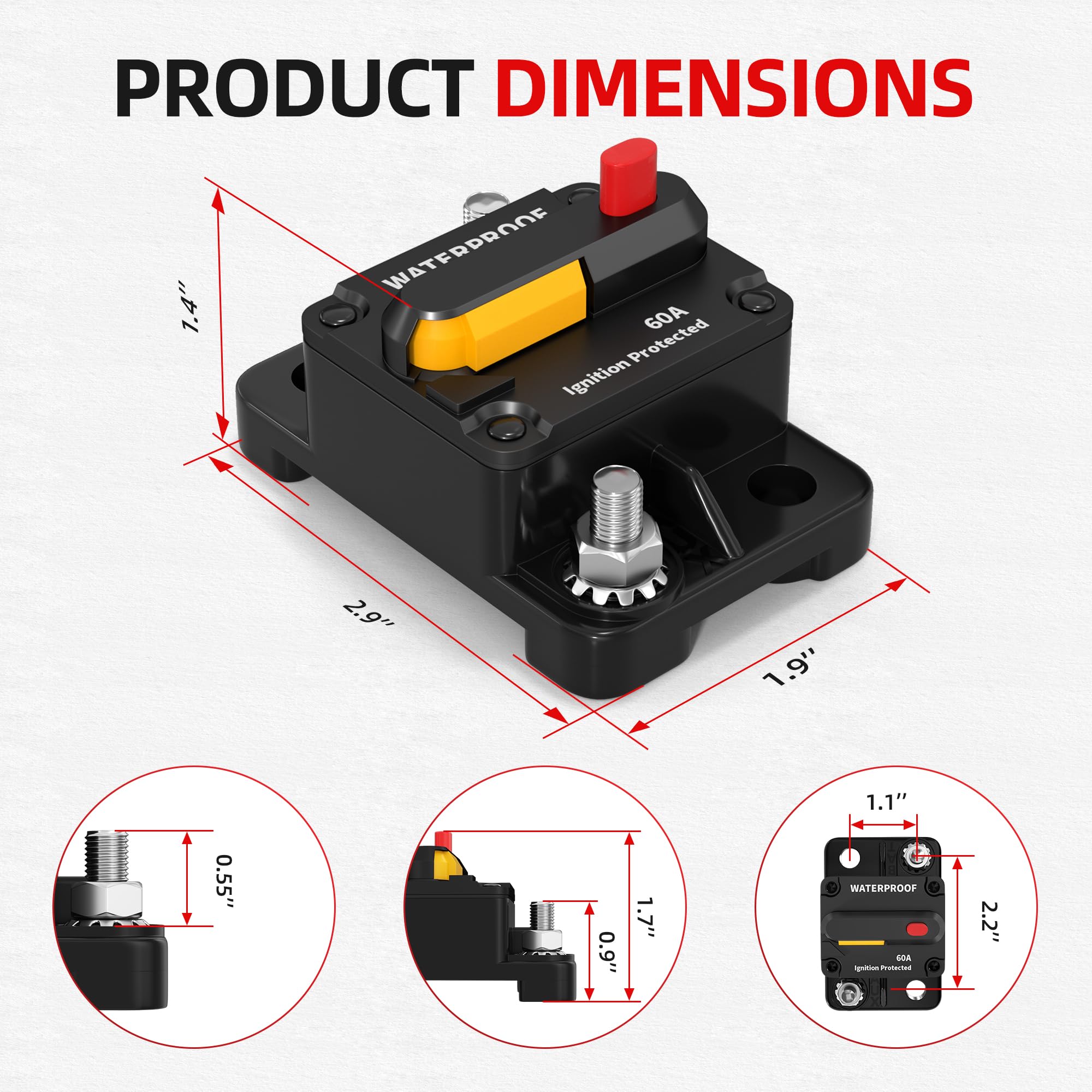 60 Amp Circuit Breaker with Manual Reset Switch, Waterproof DC 12V-48V Inline Fuse Replacement for Trolling Motor, Boat, Marine, RV, ATV, Solar, Car Audio Systems — Amazon image 2
