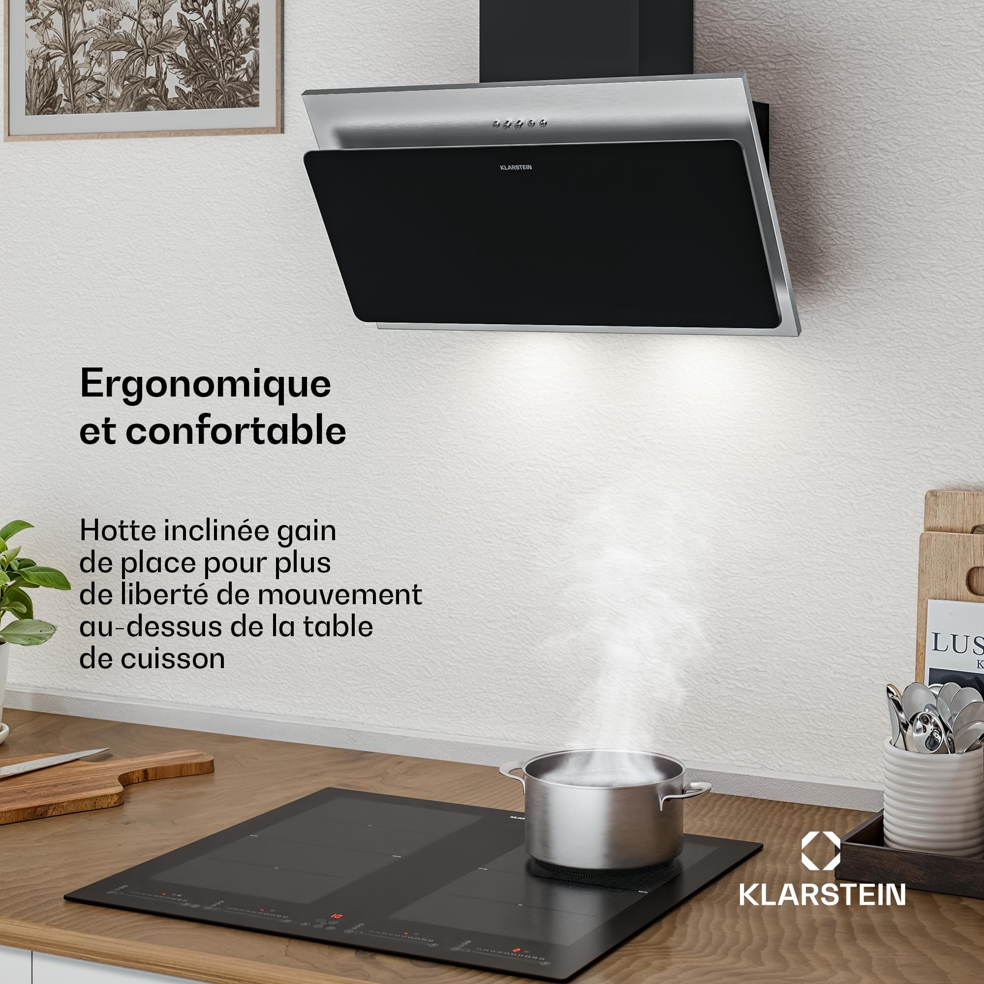 Klarstein Alessia Hotte Aspirante 60 cm - Hotte Décorative Inclinée, 404 m³/h, LED, A+++, 3 Vitesses & Boost, Filtre Charbon, Inox & Verre Noir, Recyclage ou Évacuation, Hotte Cuisine