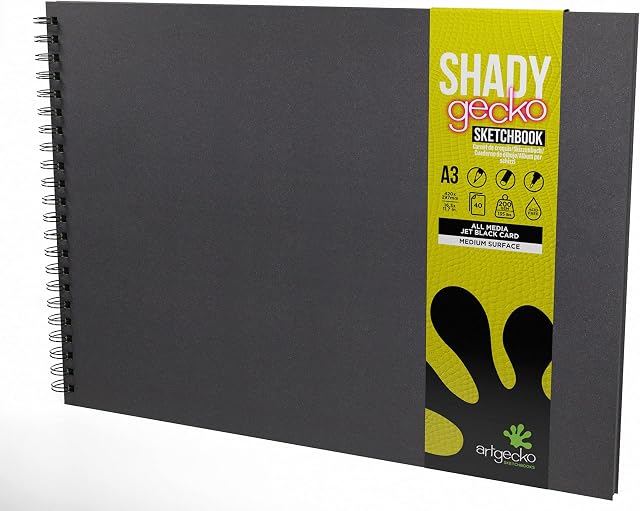 Artgecko Shady Sketchbook A3 Landscape - 80 Pages (40 Sheets) 200gsm Black Toned Card