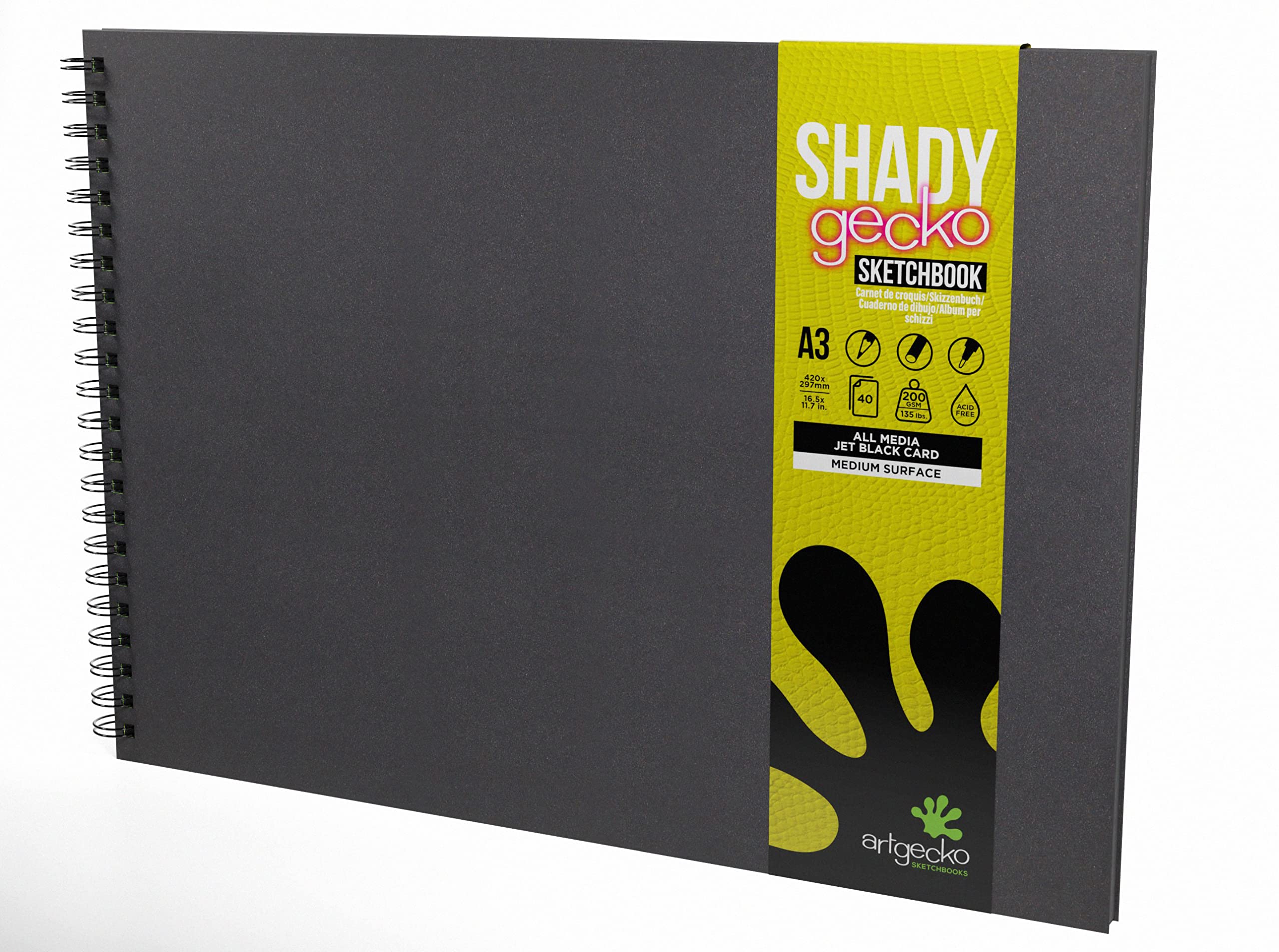 ArtgeckoShady Sketchbook (A3 Landscape) - 80 Pages (40 Sheets) 200gsm Acid Free Black Card