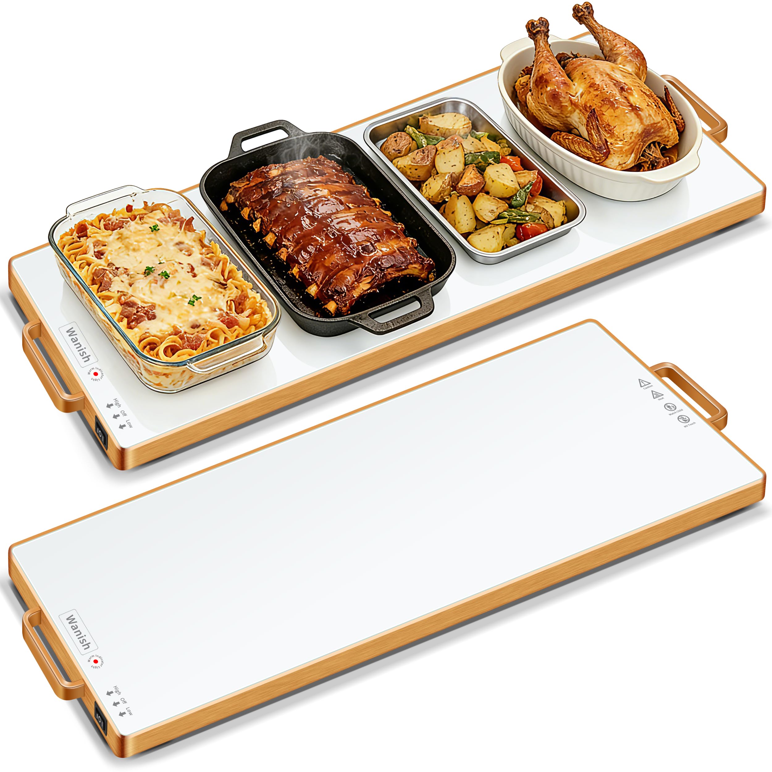 Electric Warming Tray（XXL 32”x18”），Food Warmer with Thermostat and Full Surface Heating，Food Warming Mat with 2 Temperature Modes for Parties Buffet，Gold Edge Handles Warming Mat for Food，White