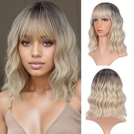 VCKOVCKO Short Bob Wigs Black-gold gradient Wavy With Air Bangs Women\'s Shoulder Length Wigs Curly Wavy Synthetic Cosplay Wig Pastel Bob Wig for Girl (12, Black-gold gradient)