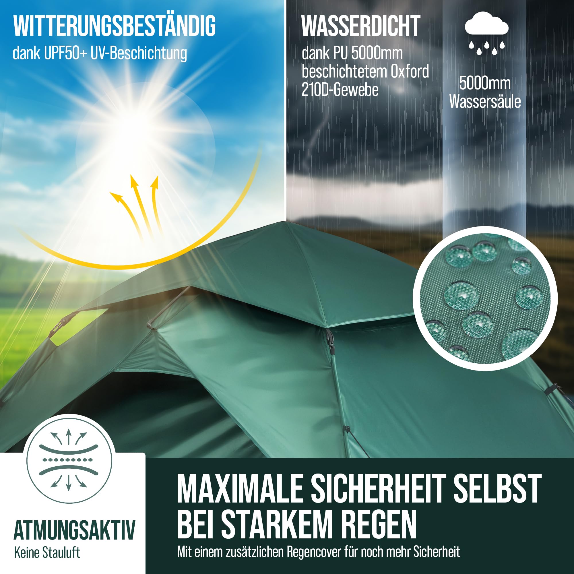 Pop Up Zelt 4 Personen Wasserdicht 5000mm Wassersäule Wurfzelt Auf- und Abbau in Sekunden - Strandzelt mit UV-Schutz - Blickdicht - Campingzelt