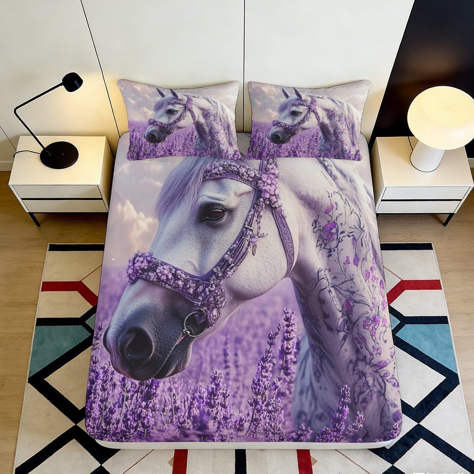 Jqzkxnhpbr Style-8 3D Printed White Horse Lavender Fitted Sheet Microfiber Soft Bed Cover For Bedroom Guest Room Decor 90X200x25cm