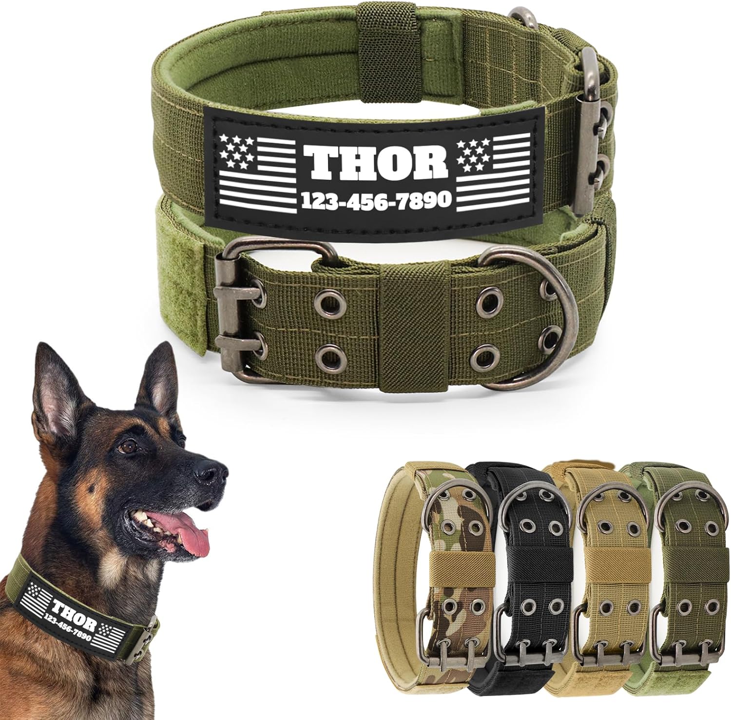 Personalized Tactical Dog Collar with Name and Phone Number Patches - Heavy Duty Custom Collar with Metal 2-Pin Belt Buckle for Medium & Large Dogs (Desert Camo, XL (21-25 inches))