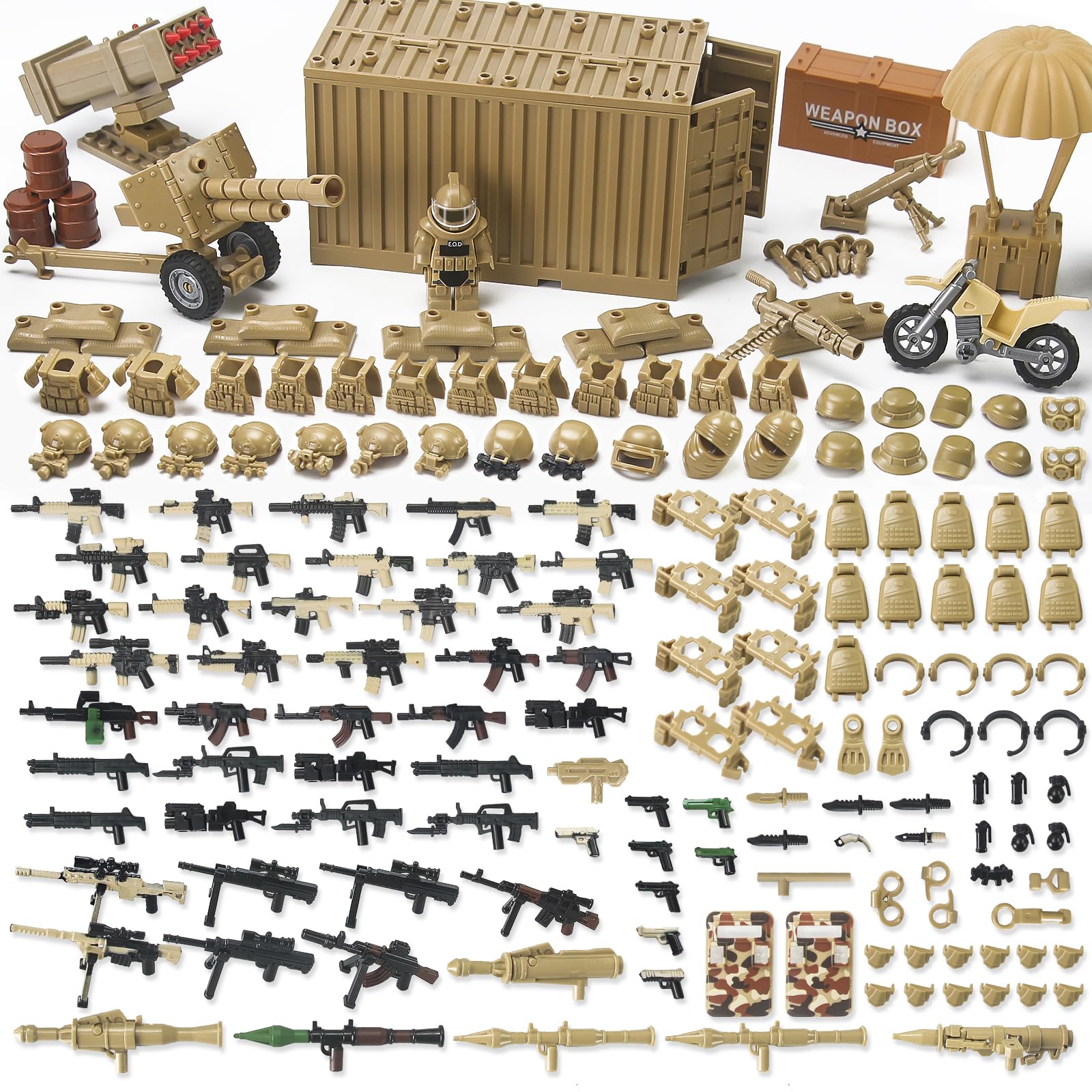 Feleph Military Weapons Pack with Shipping Cargo Container Army Helmet Armor 325Pcs Accessories Building Block Toy Compatible with Soldier Figures (Desert Tan)