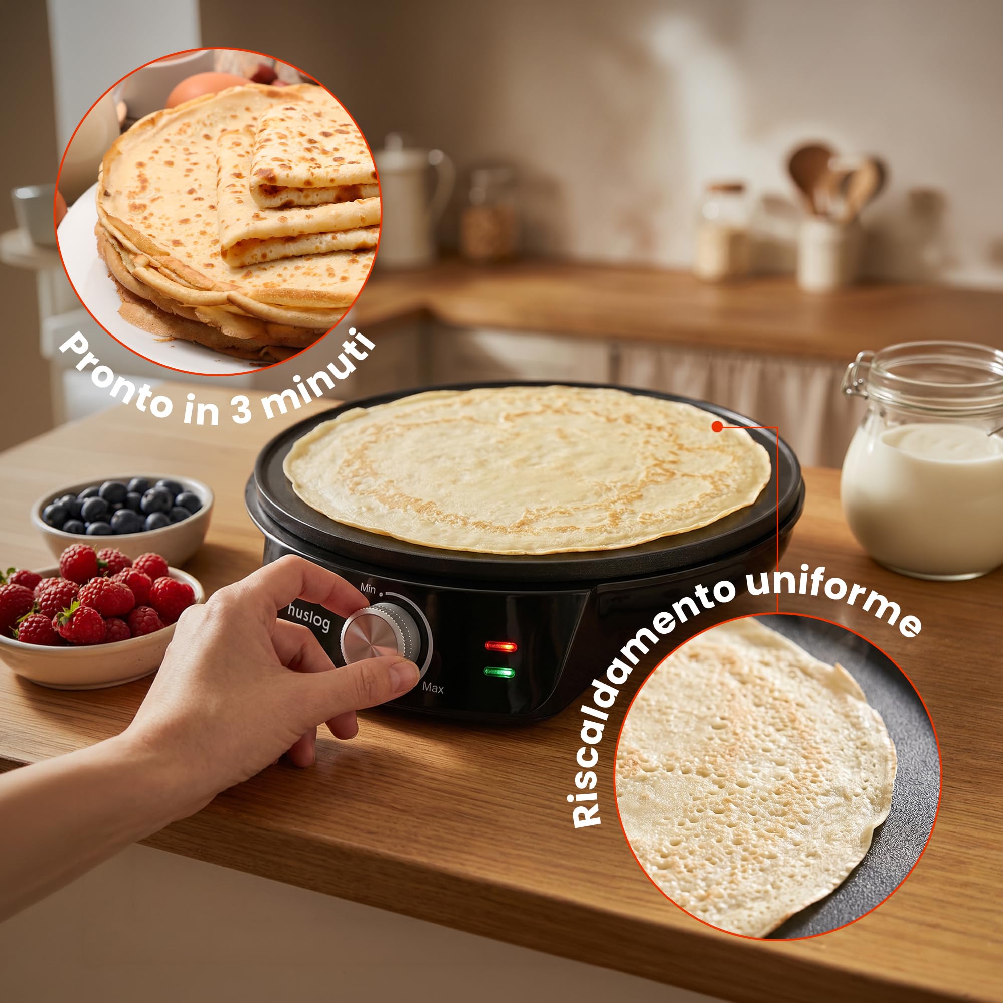 Crepiera Elettrica 1200W, Ø29 cm, Temperatura Regolabile, Piastra Antiaderente con Bordo Rialzato, con Spargitore e Spatola in Legno, per Crêpes, Pancake, Tortilla, Tacos, Nero