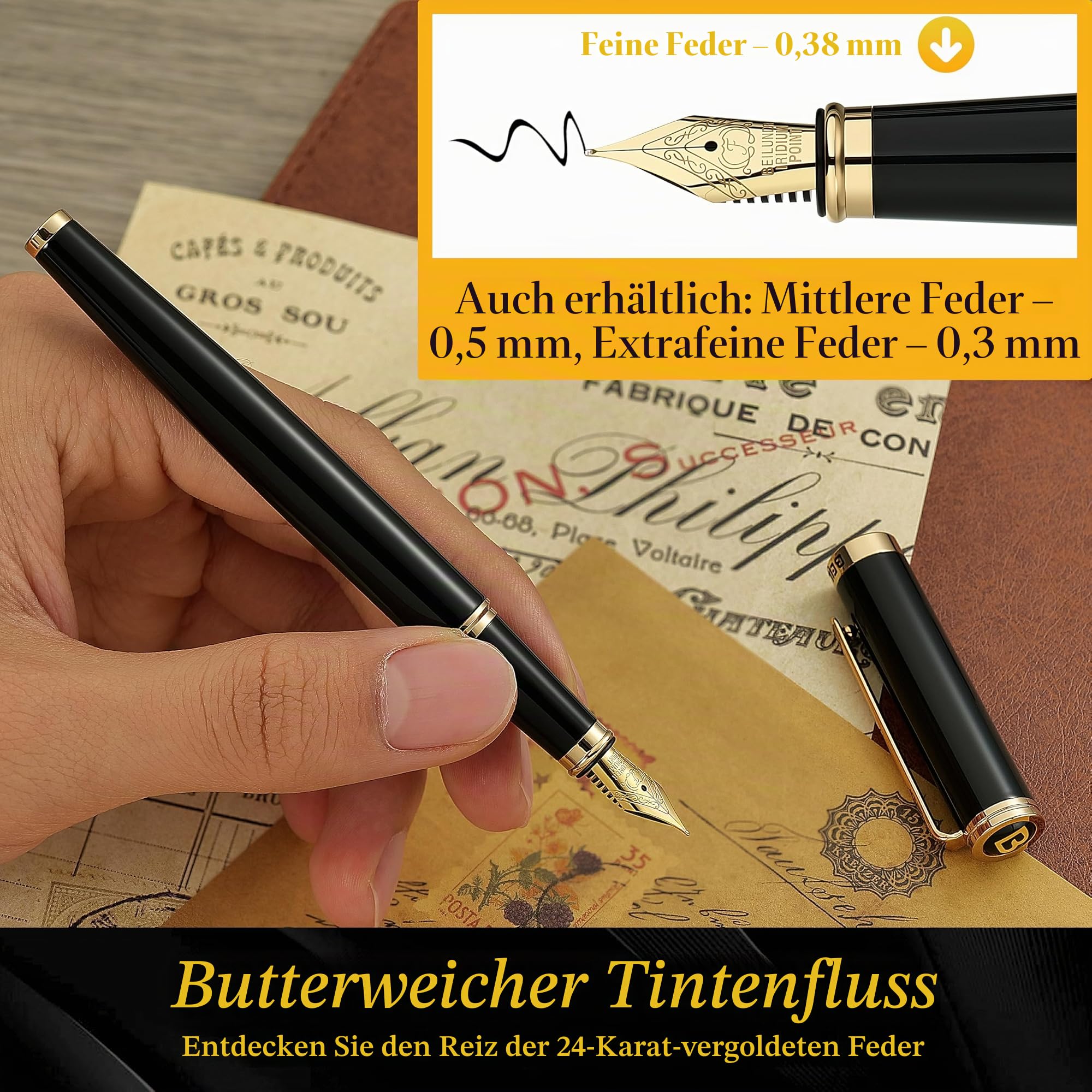 BEILUNER Füllfederhalter Schwarz, luxuriöser Schreibgerät mit 24K Gold-Akzenten & vergoldeter Feder (Fein), elegantes und zuverlässiges Geschenkset inkl. Konverter für Damen und Herren