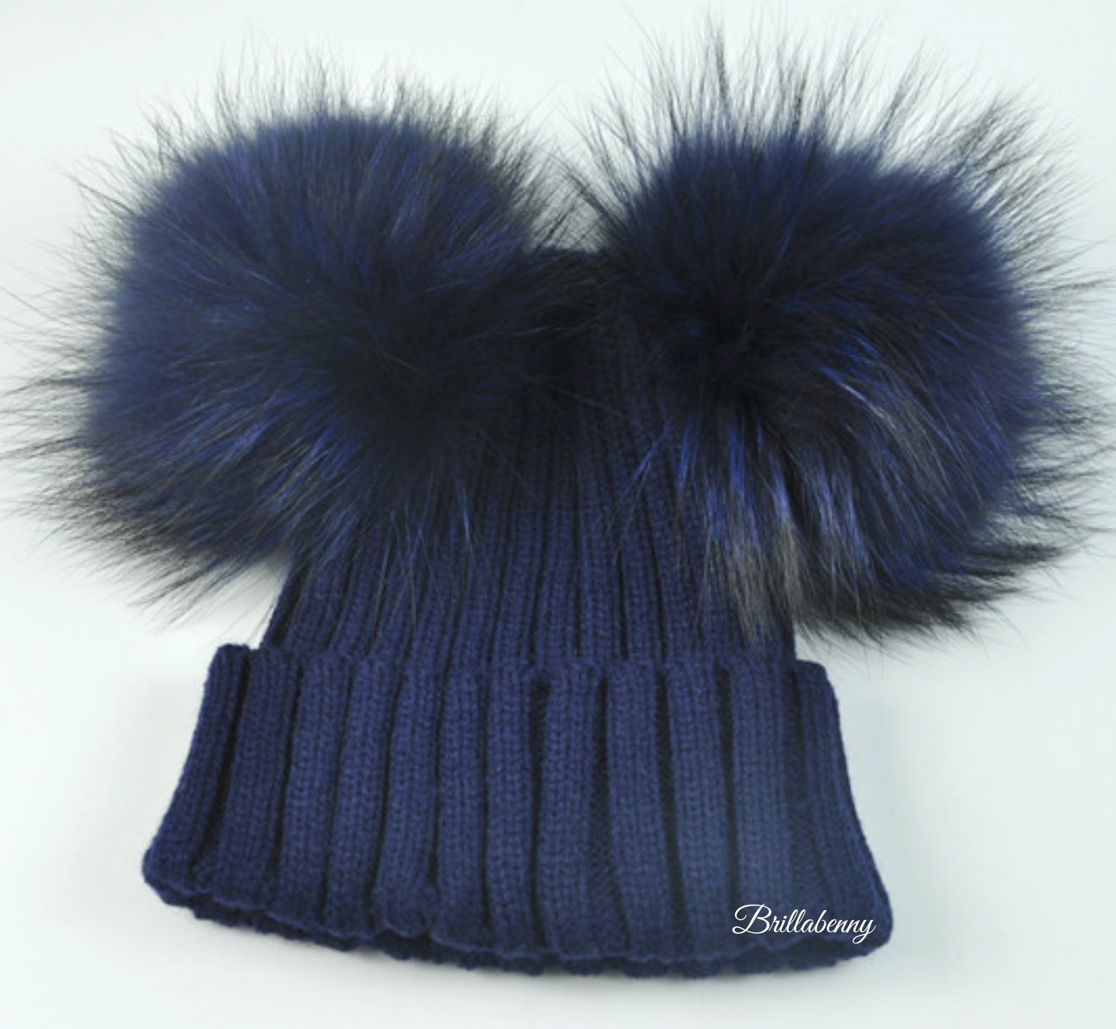 Cappello Berretto Donna Blu Modello Cuffia Vera Pelliccia PON PON Misto Lana Luxury Hat