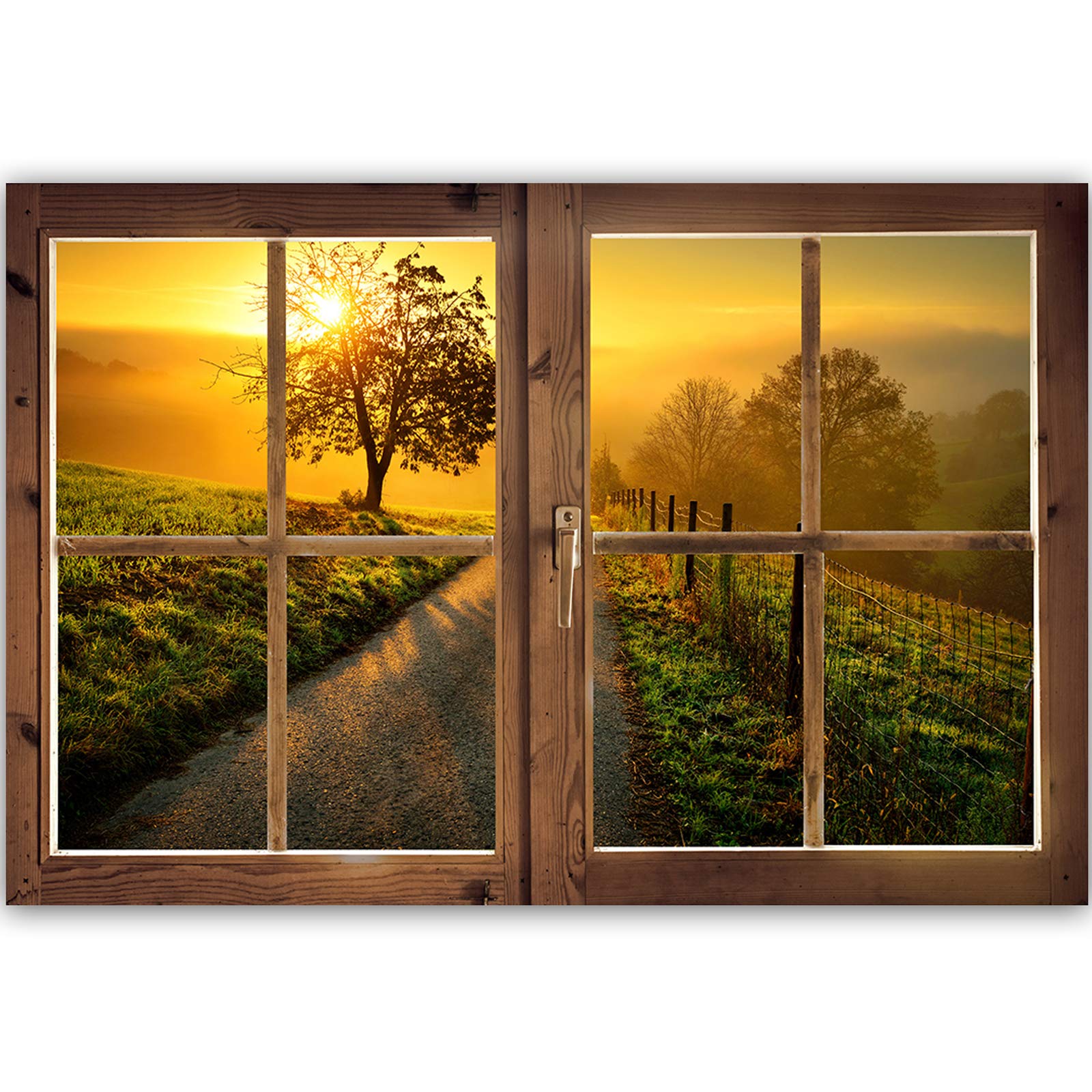 Feeby Obraz na Płótnie Canvas Okno Iluzja 3d 120x80 cm 1-częściowy Obraz na Ścianę Dekoracja Ścienna do Salonu Sypialni Biura Obraz Ścienny XXL Nowoczesny Drzewo Droga Słońce Żółty