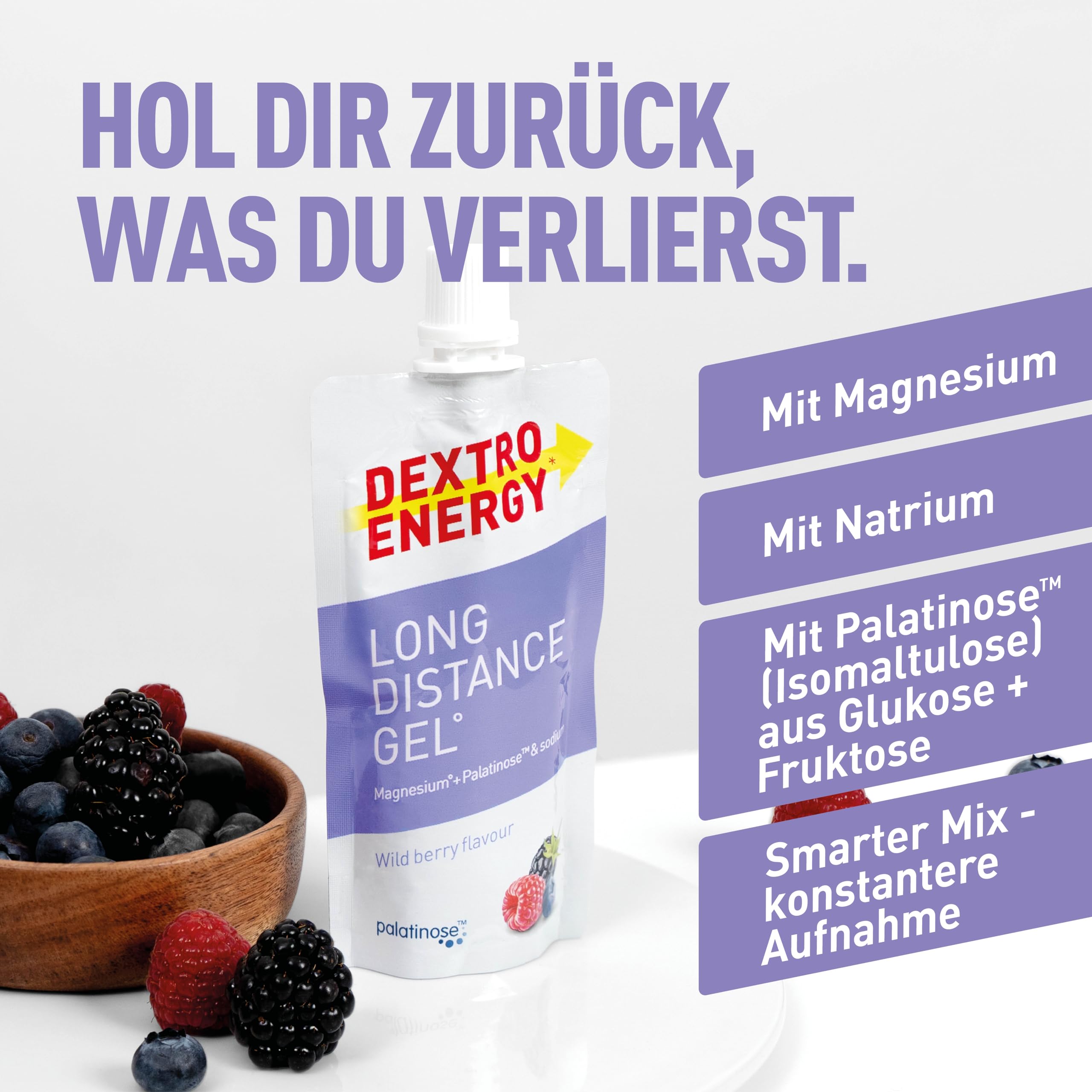 Dextro Energy Long Distance Gel Wildberry + Magnesium und Natrium - 12x50ml (12er Pack) - High Carb Energy Gel mit Palatinose und Elektrolyte