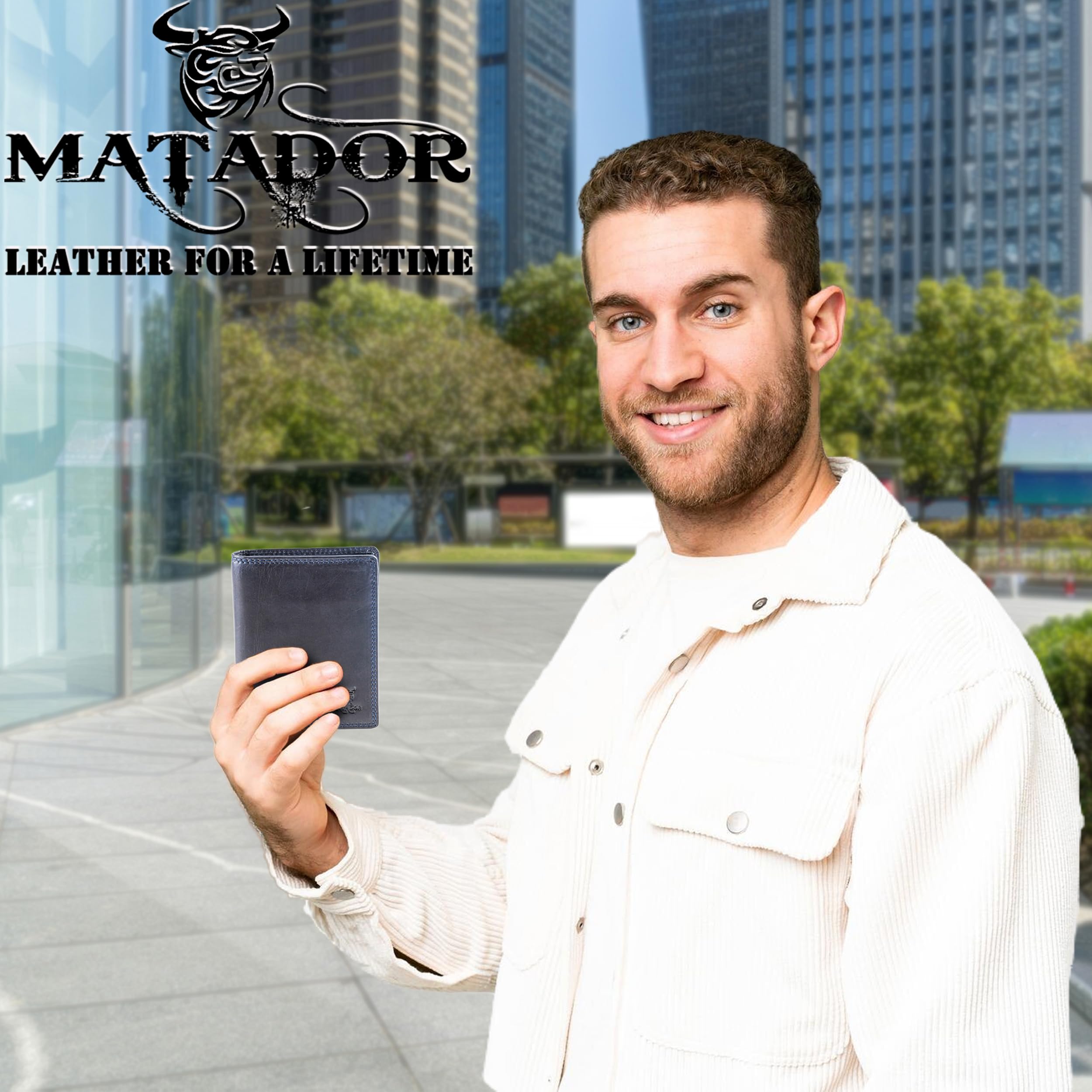 Matador Marca Portafoglio Uomo in Pelle #VIGO con Elegante Scatola Regalo, Lusso Portafoglio Protezione RFID, Grande Uomo Portafoglio con Molti Scomparti per Carte in Blu Navy