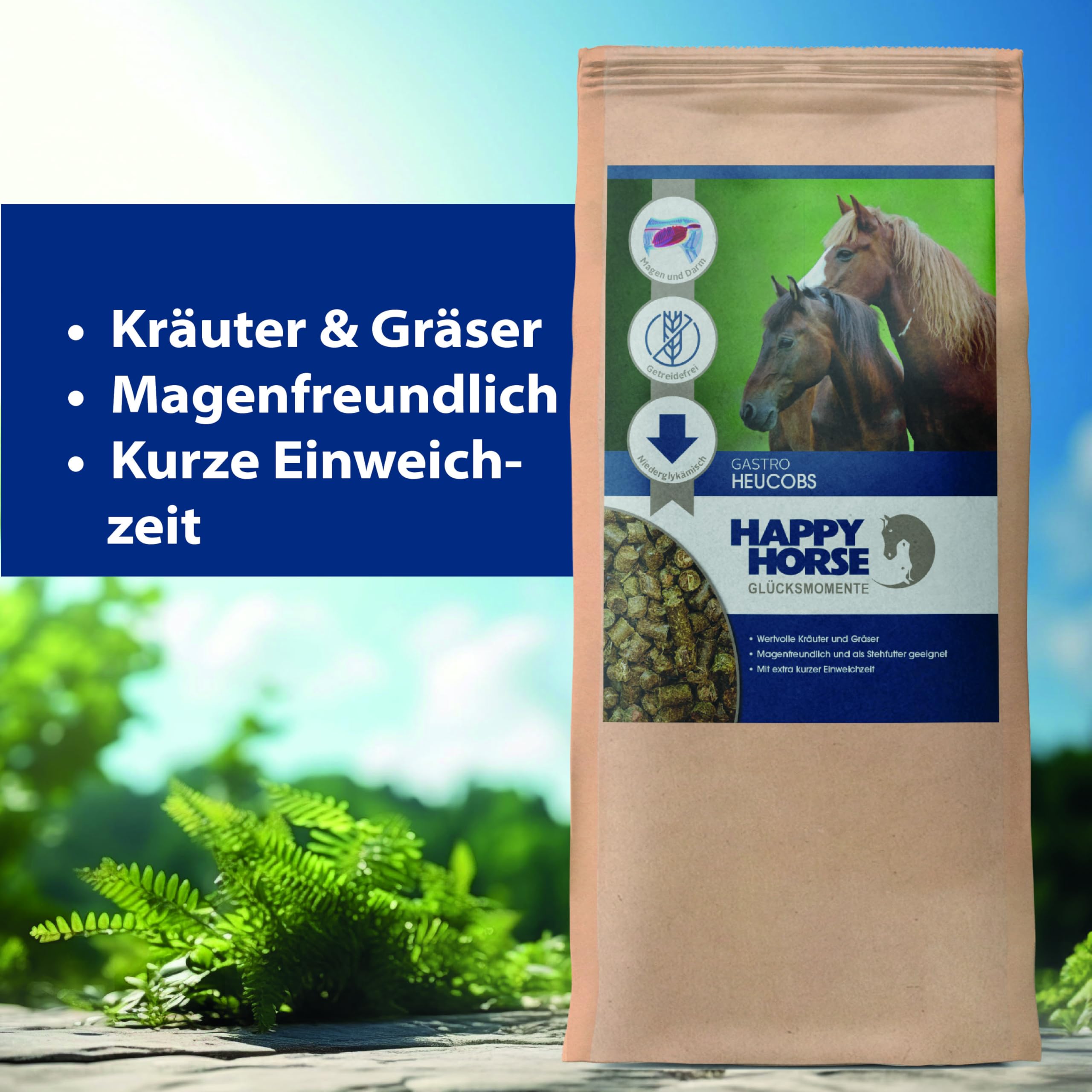 HAPPY HORSE Gastro Heucobs | 2 x 14kg | Schnell einweichende Heucobs für Pferde | Stärkearm & Melassefrei | Hochverdaulich mit Kräutern | Heucobs für ältere Pferde & bei Zahnproblemen