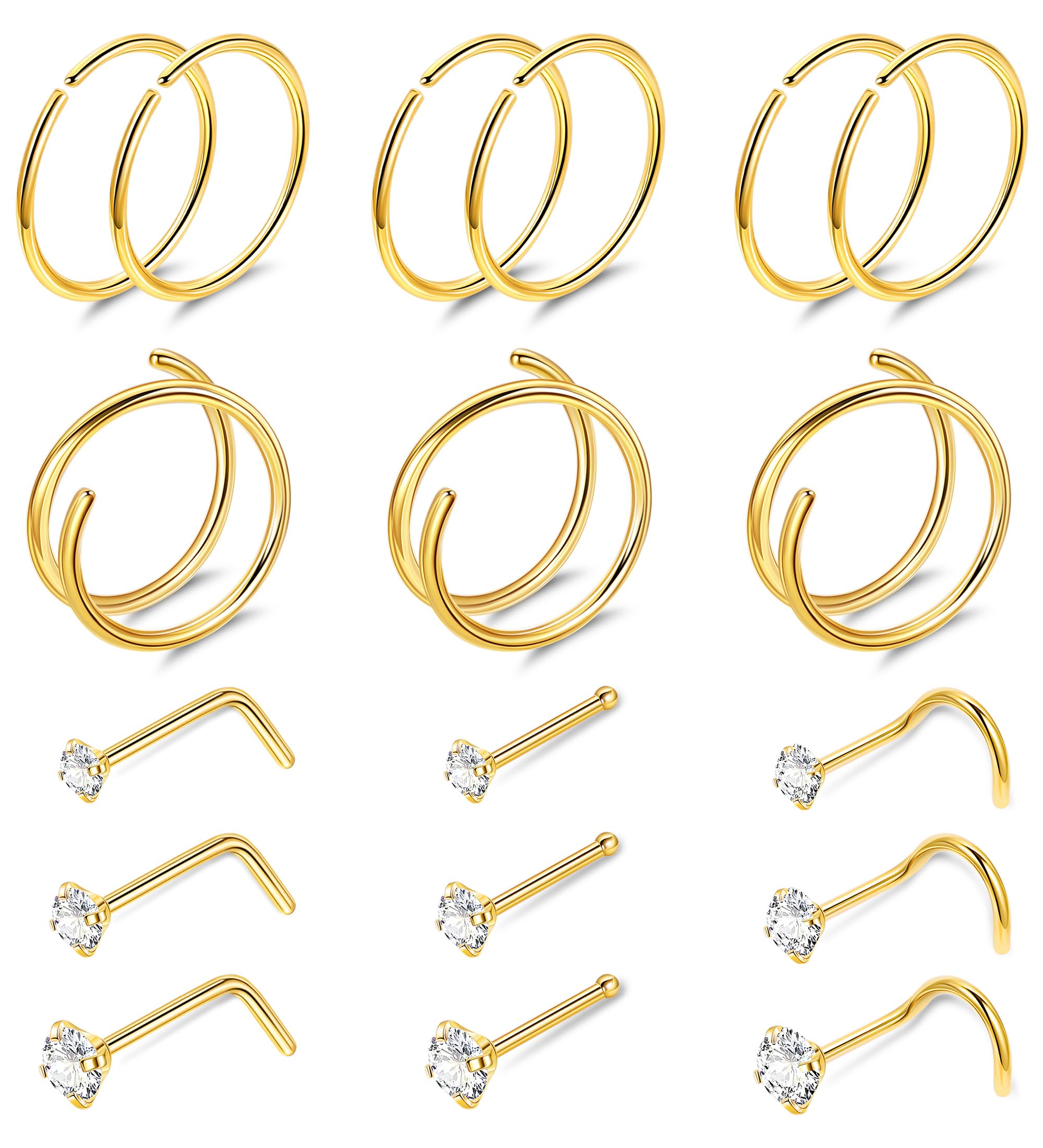 LOREMOW 22G 18Pcs G23 Titanium Nose Rings Hoops for Sensitive Skin Double Nose Rings L Shaped Nose Studs Hypoallergenic Nose Piercings Jewelry