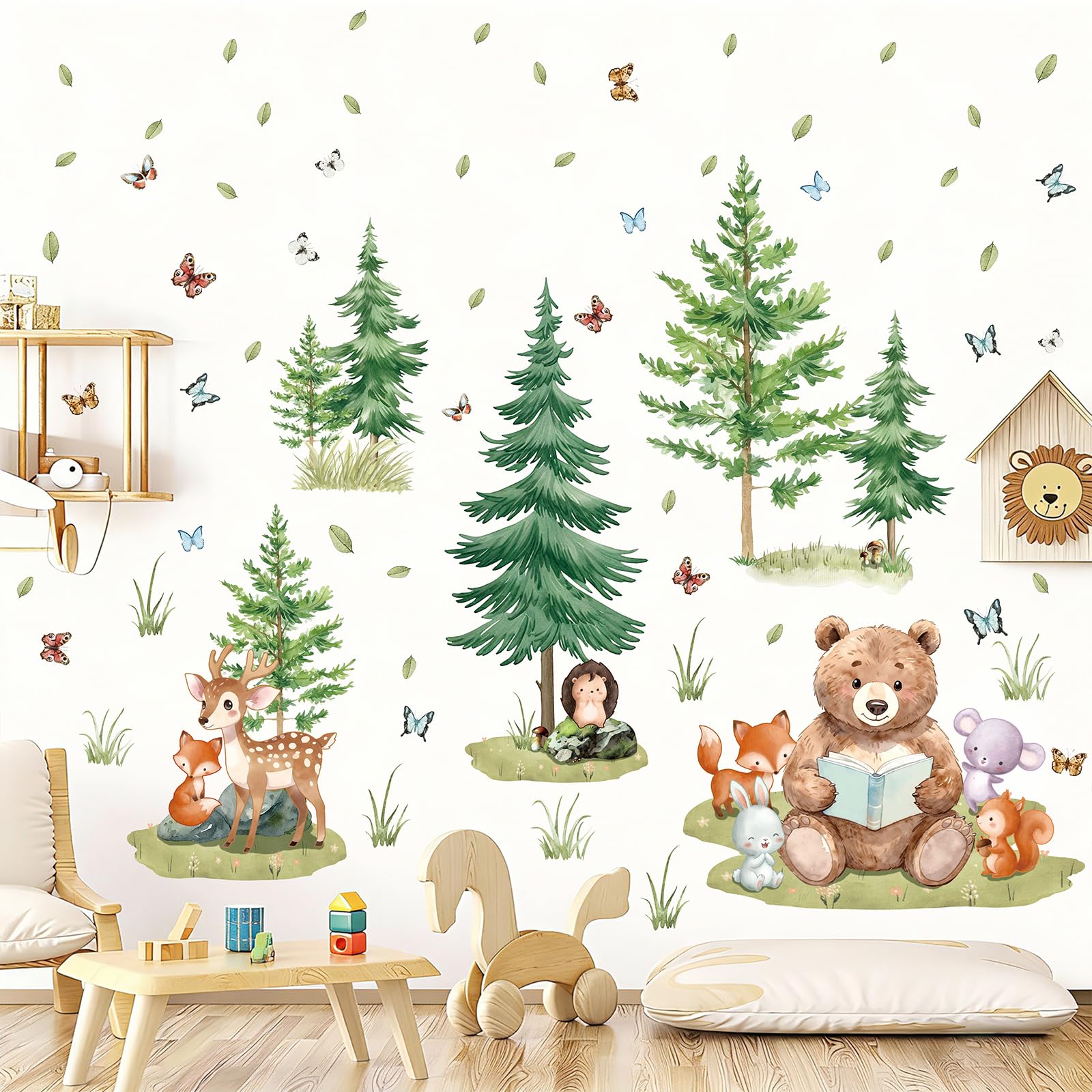 CHDITB Large Woodland Animal Tree Wall Decals Watercolor Woodland Wall Stickers for Nursery Fox Deer Squirrel Decals for Playroom Living Room Rabbit Art Sticker for Baby Kids Bedroom Decor,90x90cm — image 1