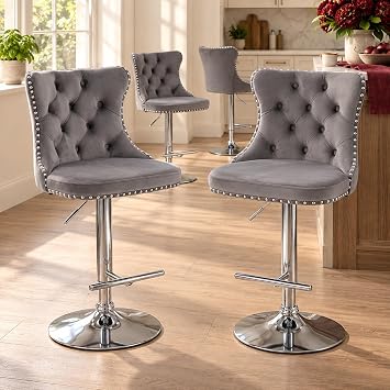Gray Velvet Bar Stools Set of 4 - Adjustable Swivel Grey Counter Height Bar Stools with Tufted Back and Nailhead Trim for Kitchen Island, Barstools Gray, Chrome Metal, 4 Pcs