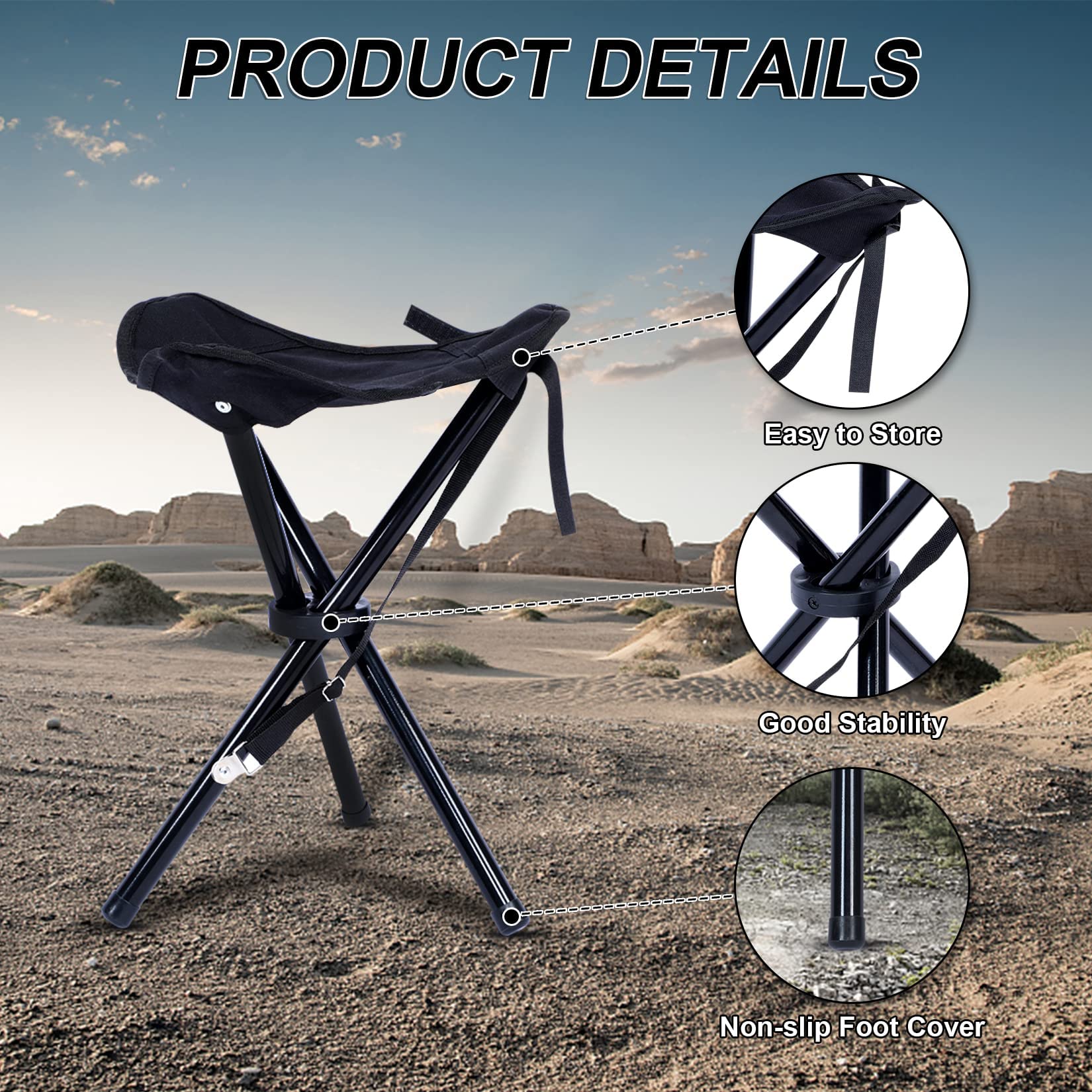 YSSOA Tripod Chair Camping Stool, Portable Folding Chairs for Adults, Tripod Seat for Outdoor Hiking Fishing, Support 132LBS