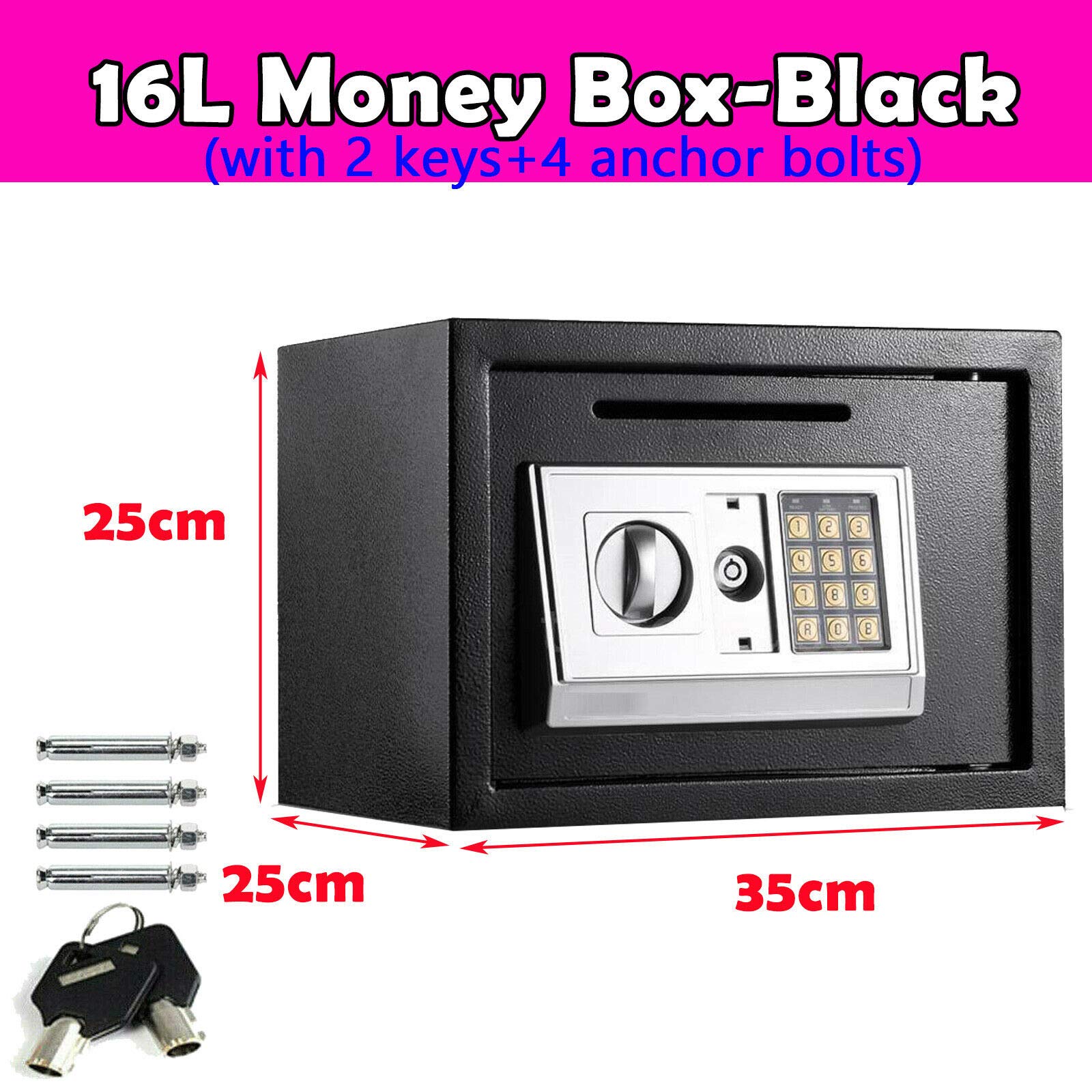 Cassetta di sicurezza elettronica in acciaio, per ufficio, casa, soldi, contanti, cassaforte digitale, grande, 2 scomparti con 2 chiavi, tastiera a cifre complete e 4 bulloni, 16 L (35 x 25 x 25 cm,