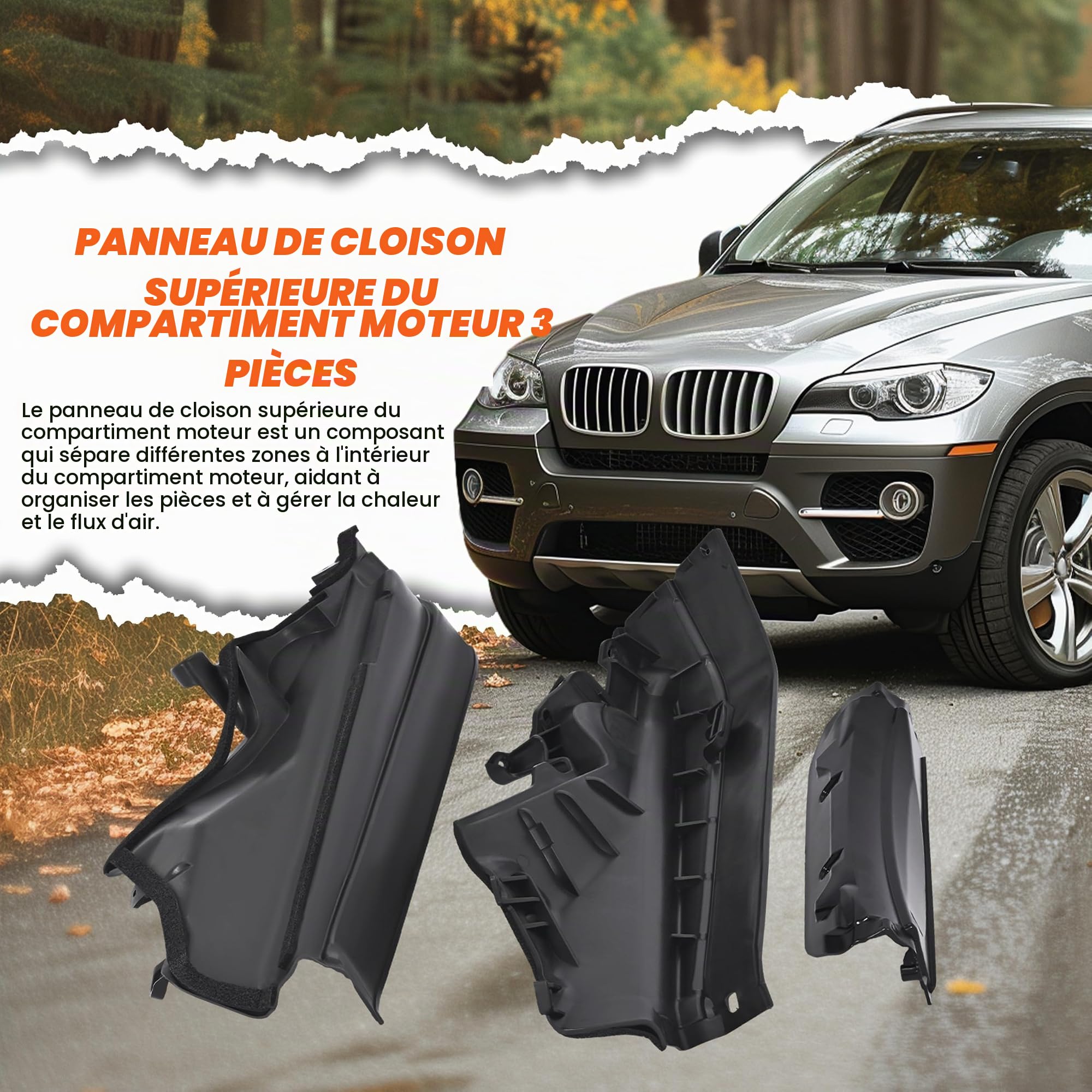Kit de diviseur partie supérieure carénage de compartiment moteur compatible avec X6 E71 E72 2008-2014, Remplacement pour 51717169421 51717169419