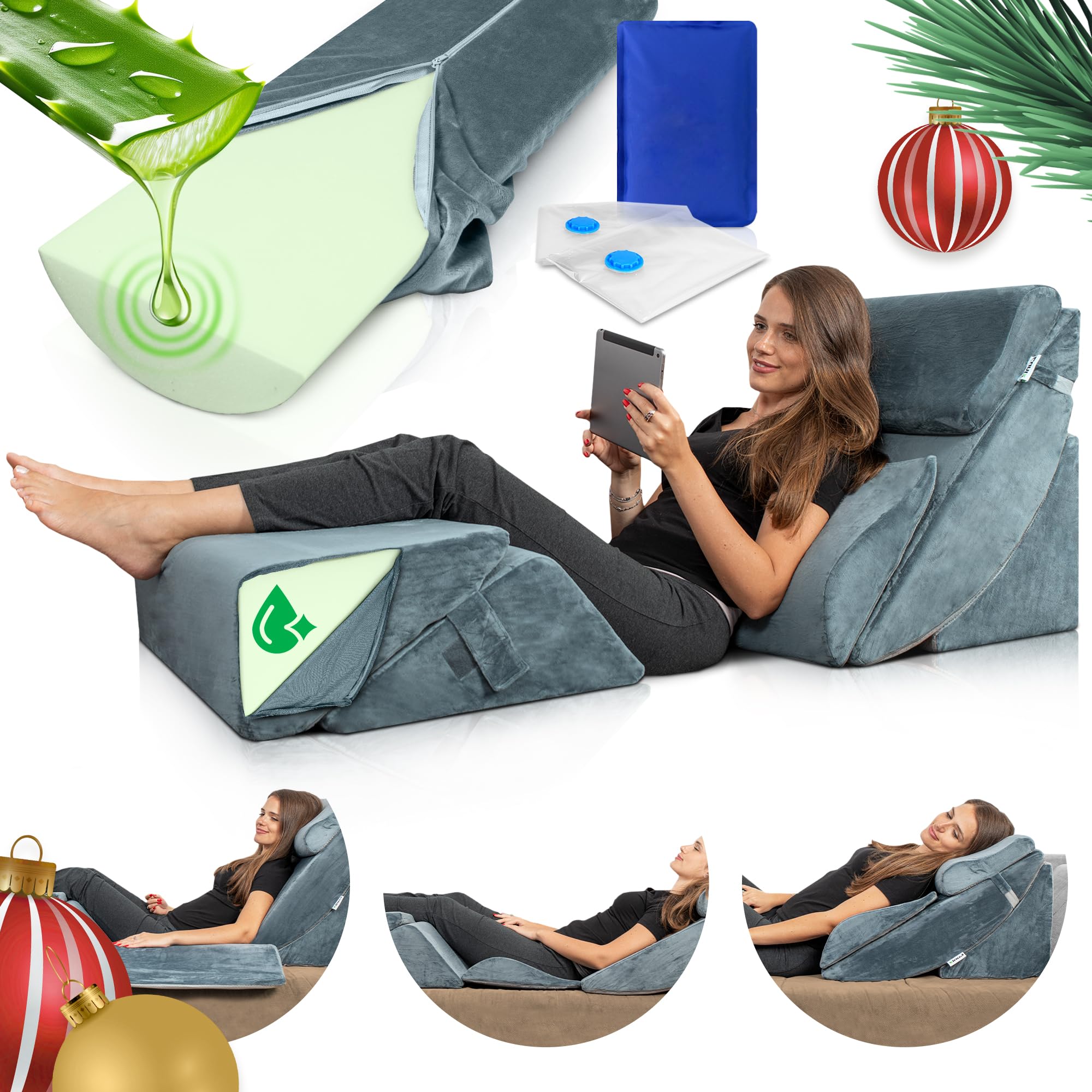 Lunix 6pcs Orthopedic Bed Wedge Pillow Set, Post Surgery Aloe Vera Memory Foam for Back, Neck, Leg Pain Relief, Adjustable Sitting Pillow for Sleeping, Acid Reflux and GERD, with Hot Cold Pack, Navy