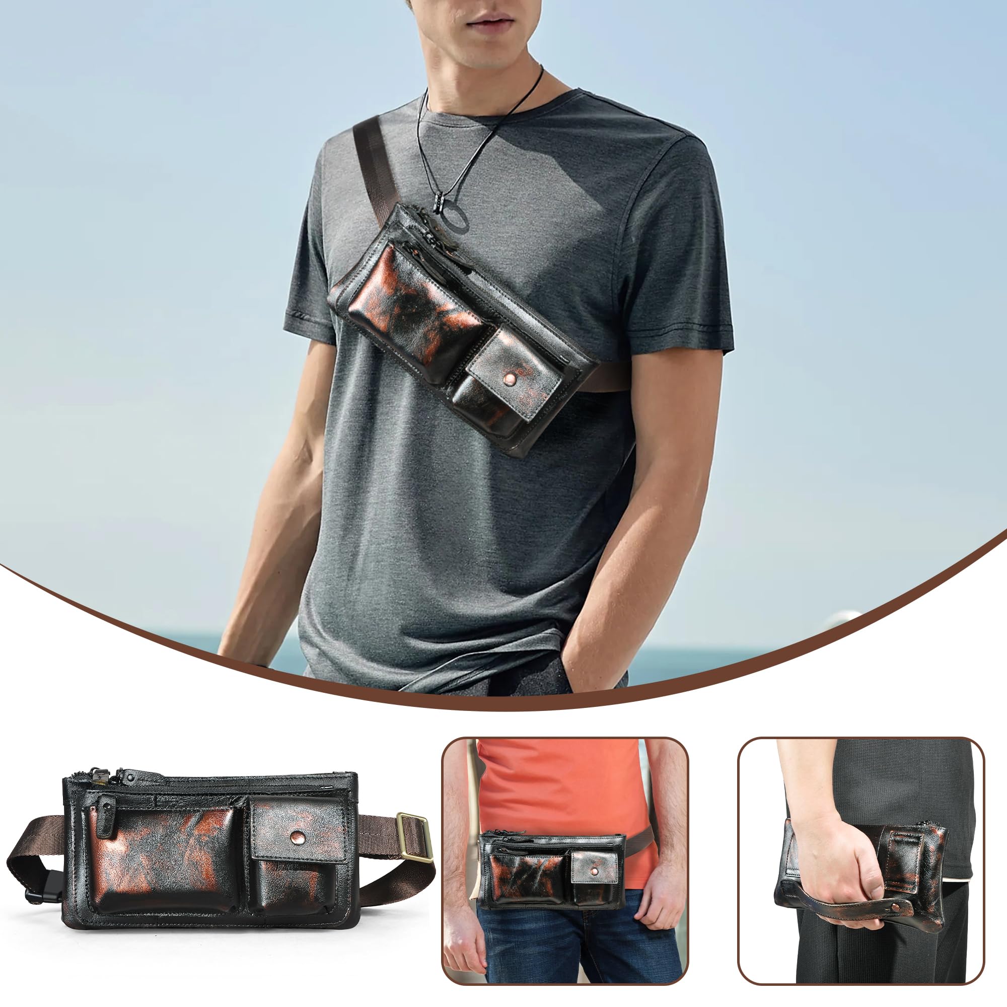 Handadsume Canvas + Genuine Leather Hiking Riding Travel Fanny Waist Pack Small Phone Belt Pouch for Men Women FB811-29 (100% Leather-811-29 Coffee) - Image 4