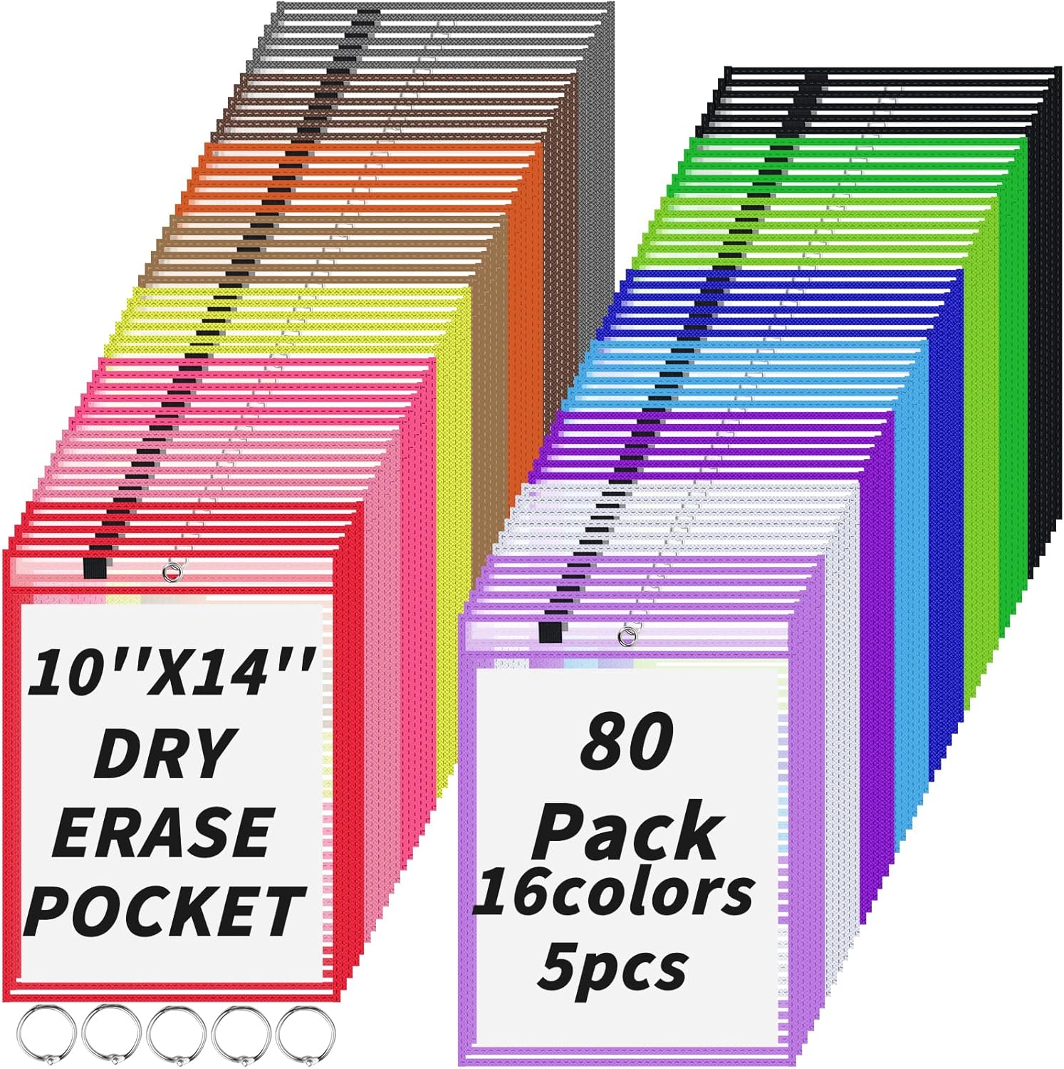 Dry erase pocket sleeves with rings, 80-pack, 16 colors