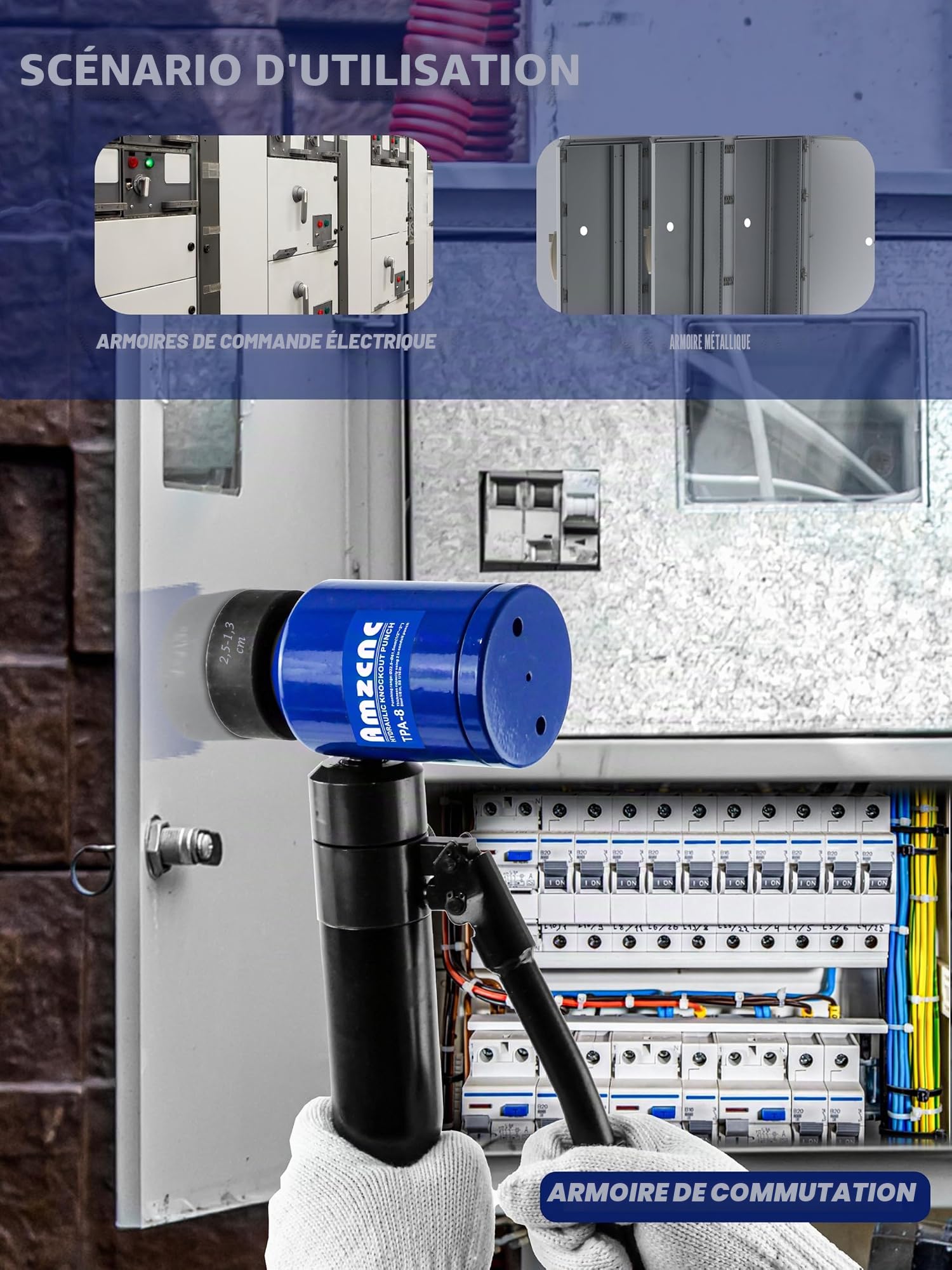 AMZCNC Kit de perforation hydraulique Kit de barre de trou knockout 8t, pompe manuelle outil de trou d'acier avec 6 matrices de poinçonnage 16 mm, 20 mm, 26,2 mm, 32,6 mm, 39 mm, 51 mm, perforation