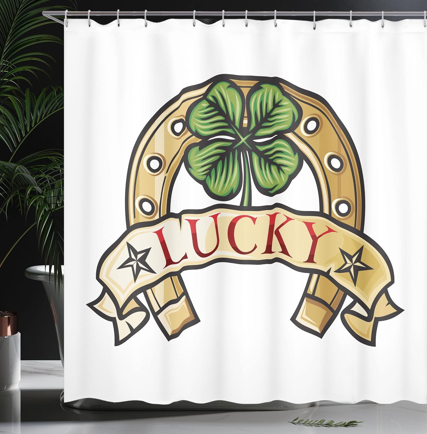 Ambesonne Horseshoe Shower Curtain, Horseshoe 4 Leaf Clover Tradition Luckiness Shamrock Petals Medieval, Cloth Fabric Bathroom Decor Set with Hooks, 69" W x 75" L, Fern Green