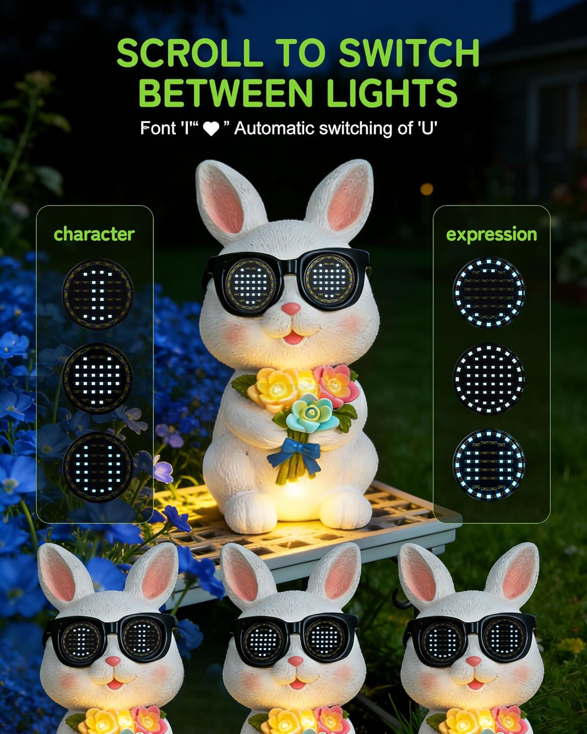 Solar Bunny Garden Outdoor Statues Decor, Rabbit with Flower and LED Lights Garden Decor for Home House, Yard Art Lawn, Ornaments, Porch Patio, Balcony - Birthday Gifts for Grandma Mom Women