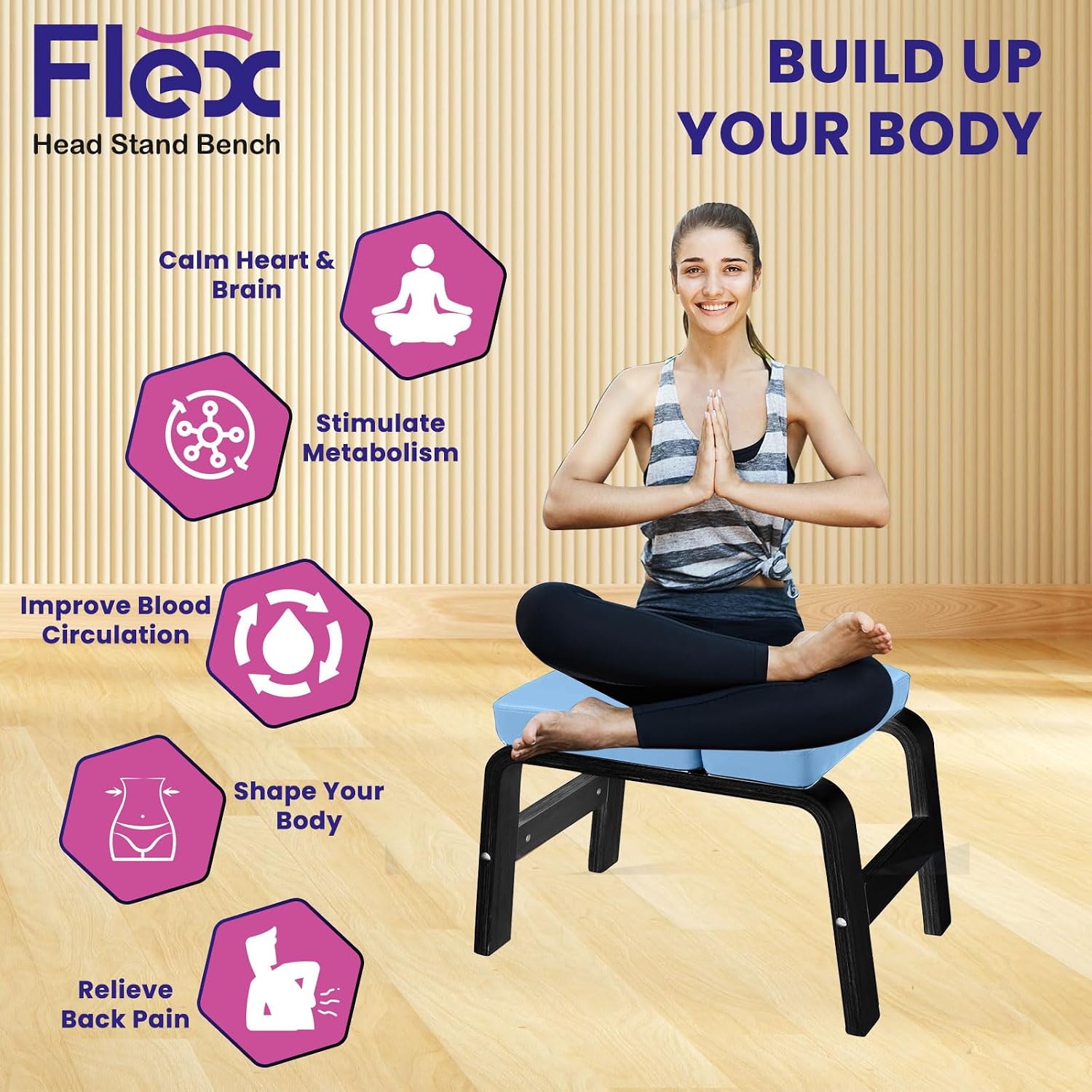 Flex Head Stand Bench - Yoga Inversion Stool for Safe Handstands, Strength Training, and Yoga Poses - 300 lb Capacity, Solid Frame with no Assembly Needed. Includes Nesting Cushion