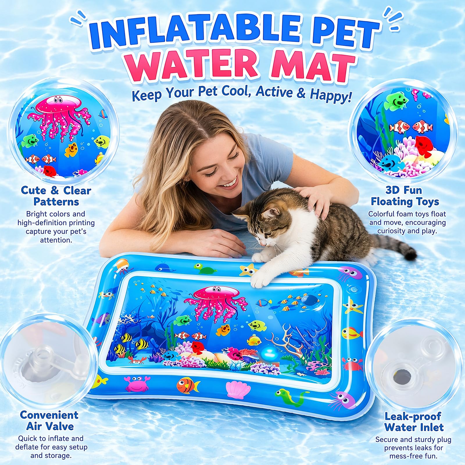 Wassermatte Katze, Wasserspielmatte Katze Hund, Verdickte PVC Katzen Kühlmatte mit Fischen & LED-Licht, Interaktives Katzenspielzeug Selbstbeschäftigung für Langeweile 60x40CM