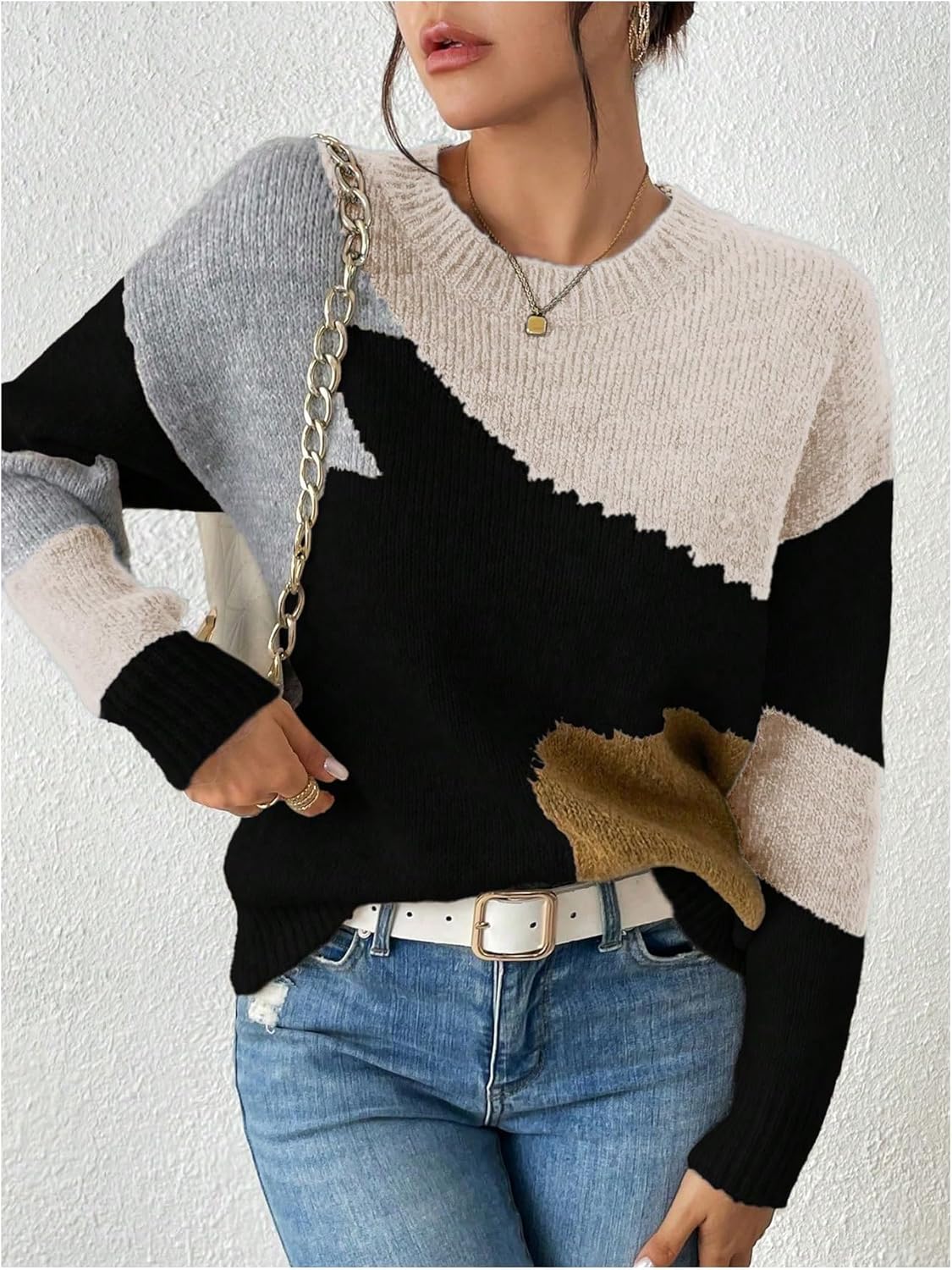 Verdusa Women's Color Block Cozy Sweaters Long Sleeve Crew Neck Knit Pullovers Fall Tops - Image 3