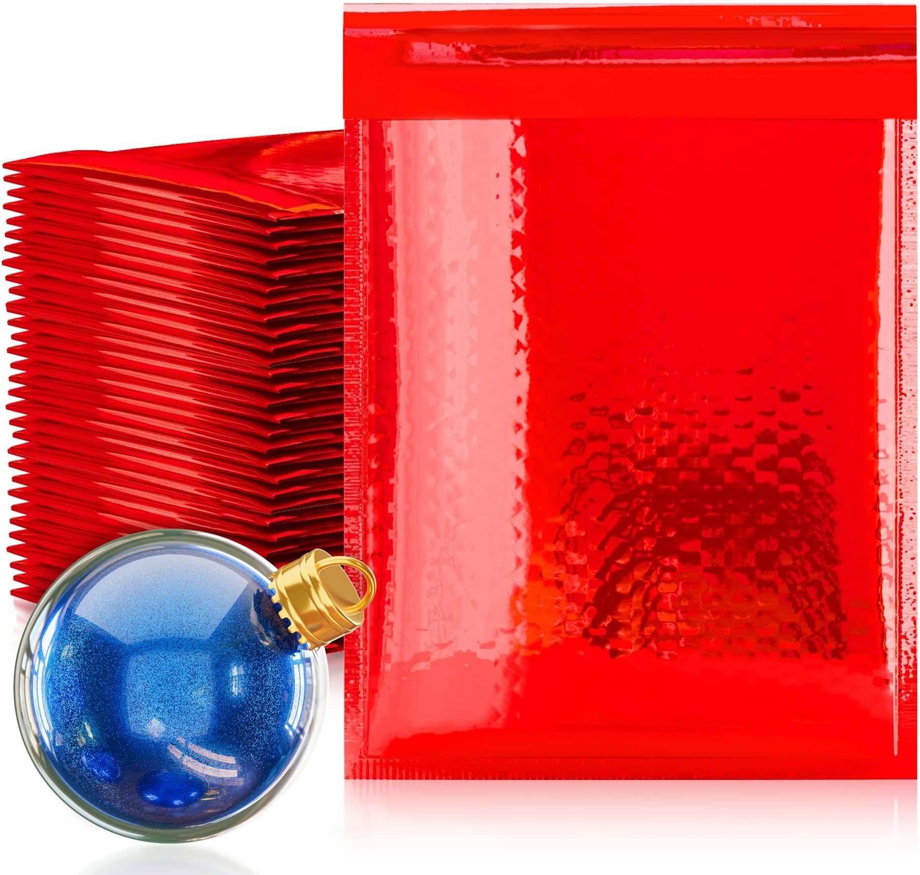 Amiff Red Metallic Bubble Mailers, 7.25 x 11 Inches. 25 Pack Metallic Padded Bubble Mailers. Waterproof Padded Envelopes Metallic. Bright Foil Shipping Envelopes for Fragile Things