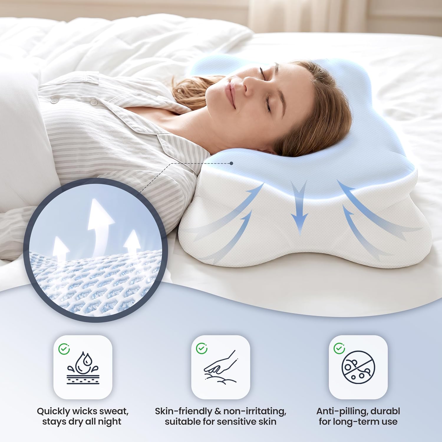 Cervical Neck Pillow for Sleeping, Cooling Memory Foam Pillows for Back, Side Sleeper Breathable Washable Pillowcase & Dual-Height Design Cloud Pillow with Side‑Sleeper Ear Relief Zone Soft Support