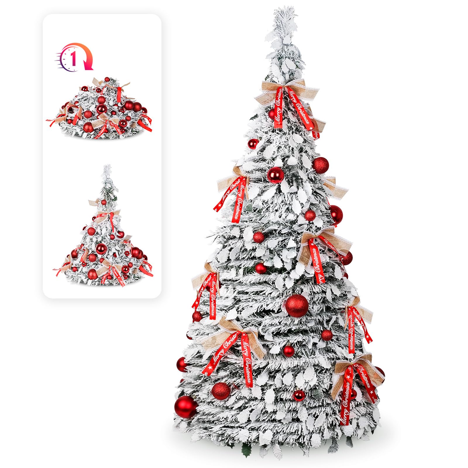 210cm Árbol de Navidad Plegable, árbol de Navidad Artificial en Blanco nevado con Adornos navideños y Lazos, Montaje fácil, decoración para Fiestas navideñas