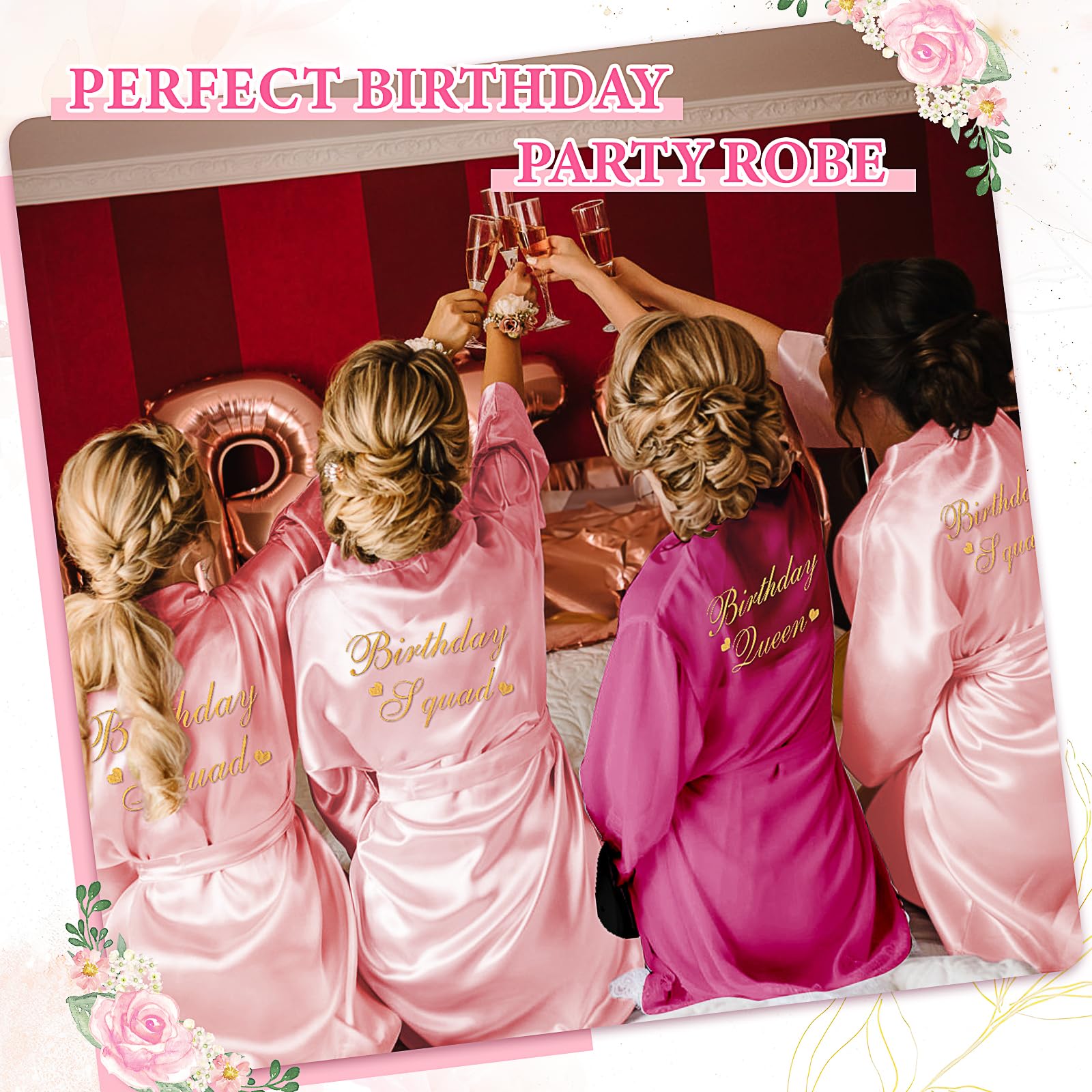 Ensemble de 21 peignoirs de fête d'anniversaire pour femme avec masque pour les yeux et chouchou - Kimono Queen Squad en satin pour anniversaire (rose rouge, rose)